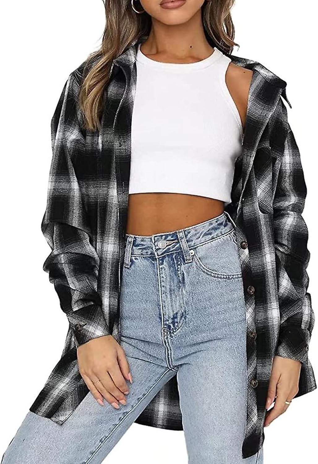 Womens Button Down Flannel Shirts Oversized Long Sleeve Plaid Shackets Casual Blouse Fall Tops 2025