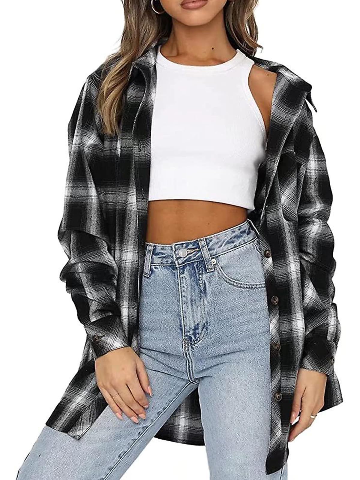IYICLOTH Womens Button Down Flannel Shirts Oversized Long Sleeve Plaid Shackets Casual Blouse Fall Tops 2025