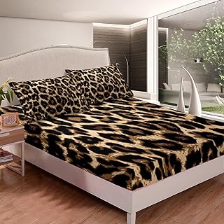 Erosebridal Leopard Print Fitted Sheet Queen Size Black Brown Leopard Print Bed Cover, Man Cheetah Leopard Animal Bedding Set, African Wildlife Safari Animal Theme Fitted Sheet for Boys