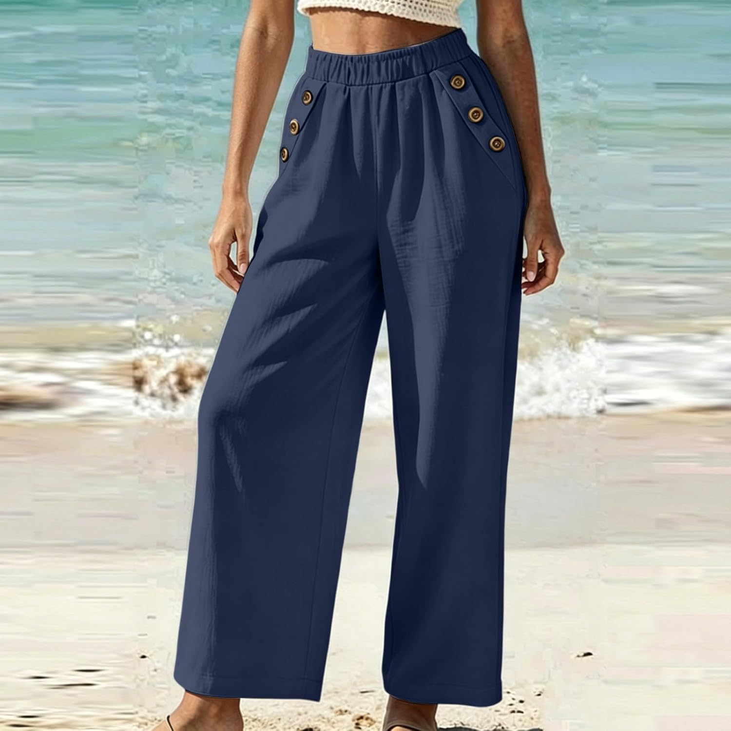 Summer Flowy Pant for Women Comfy Smocked High Waist Wide Leg Pants Casual Palazzo Beach Pants with Pockets