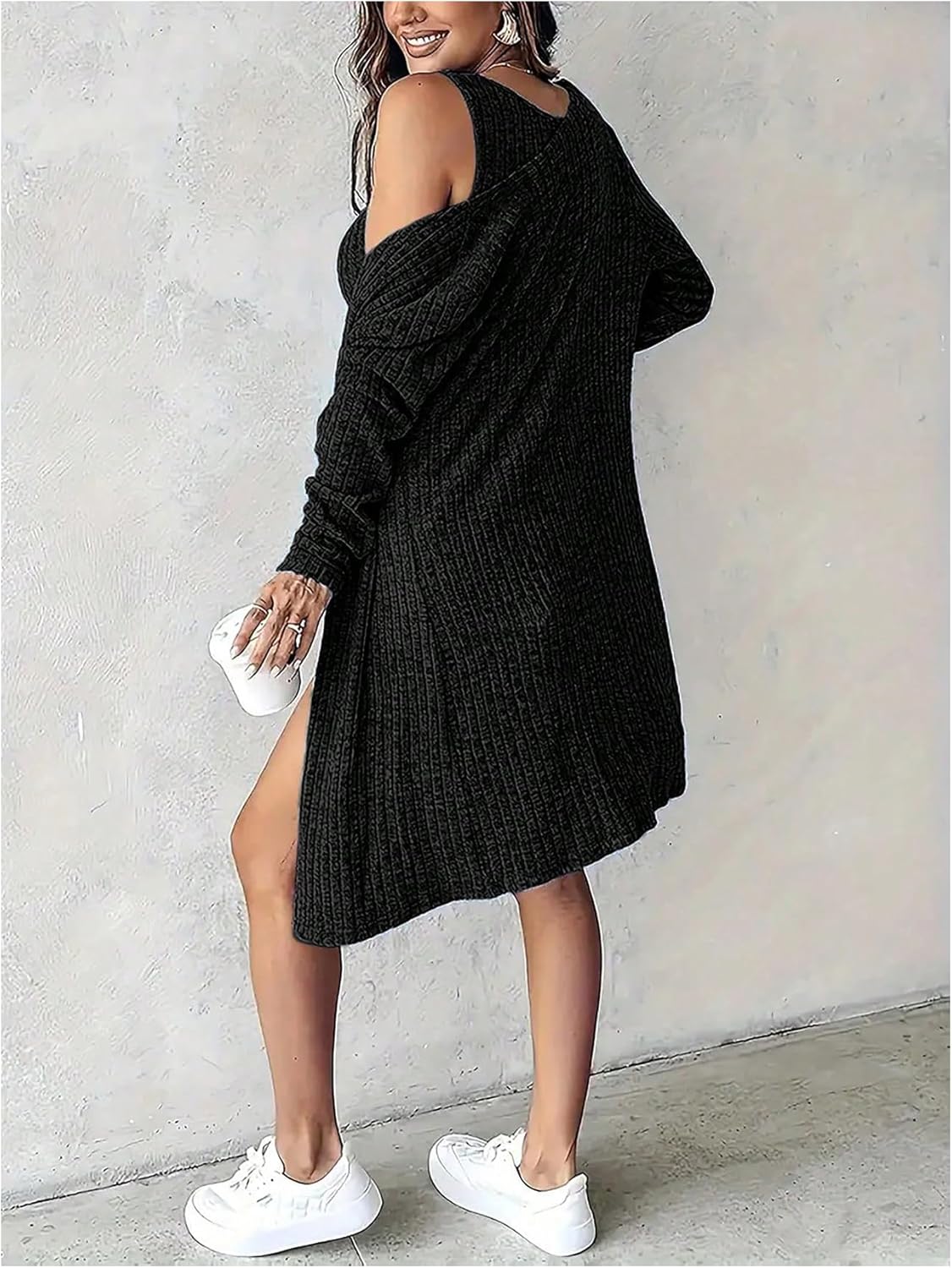 Floerns Women's Casual 2 Piece Outfits Henley Ribbed Knit Tank Bodycon Mini Dress Lightweight Cardigan Sweater Shrugs - Image 3