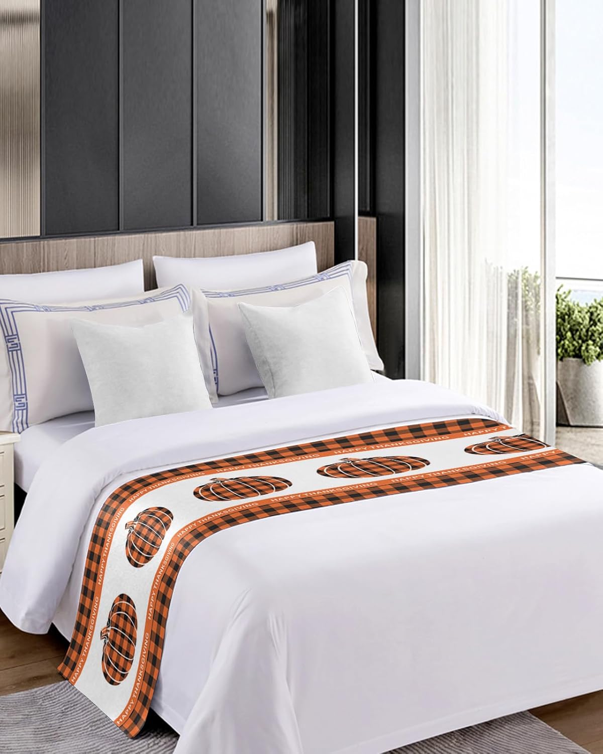 Thanksgiving Bed Runner Scarf Thanksgiving Autumn Pumpkin Orange Black Plaid Bedding Scarf Decorative Bed Runners Cover for Home Bedroom Hotel Wedding Room Bed Scarf for Foot of Bed Full 83x20in