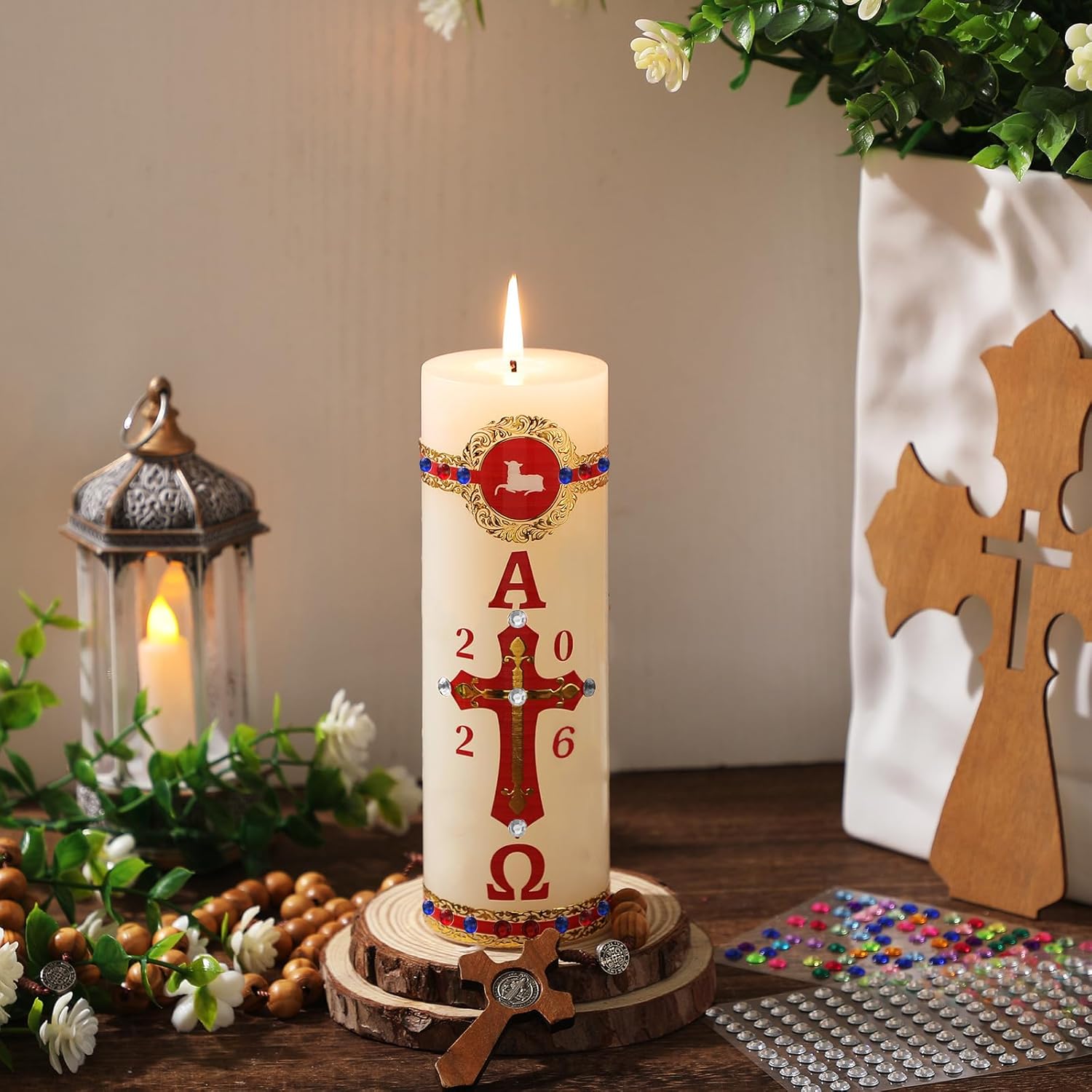 Nuanchu 1 Set Catholic Prayer Candle Unfinished DIY Christmas 2026 Lamb of God Paschal Candle Cirios Religiosos Catolicos Religious Alpha Cross Sheep Baptism Church Cirio Pascual Sirios Catolicos