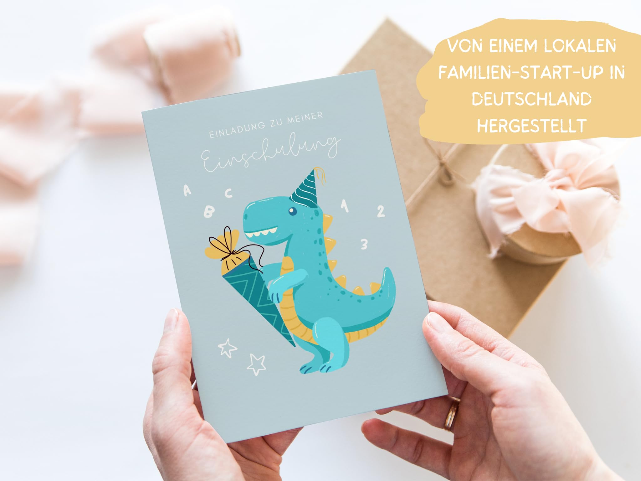 Einschulung Einladungskarten – 12 Stück Mit Dino-Motiv, 14,8x10,5 Cm, Inkl. Umschläge