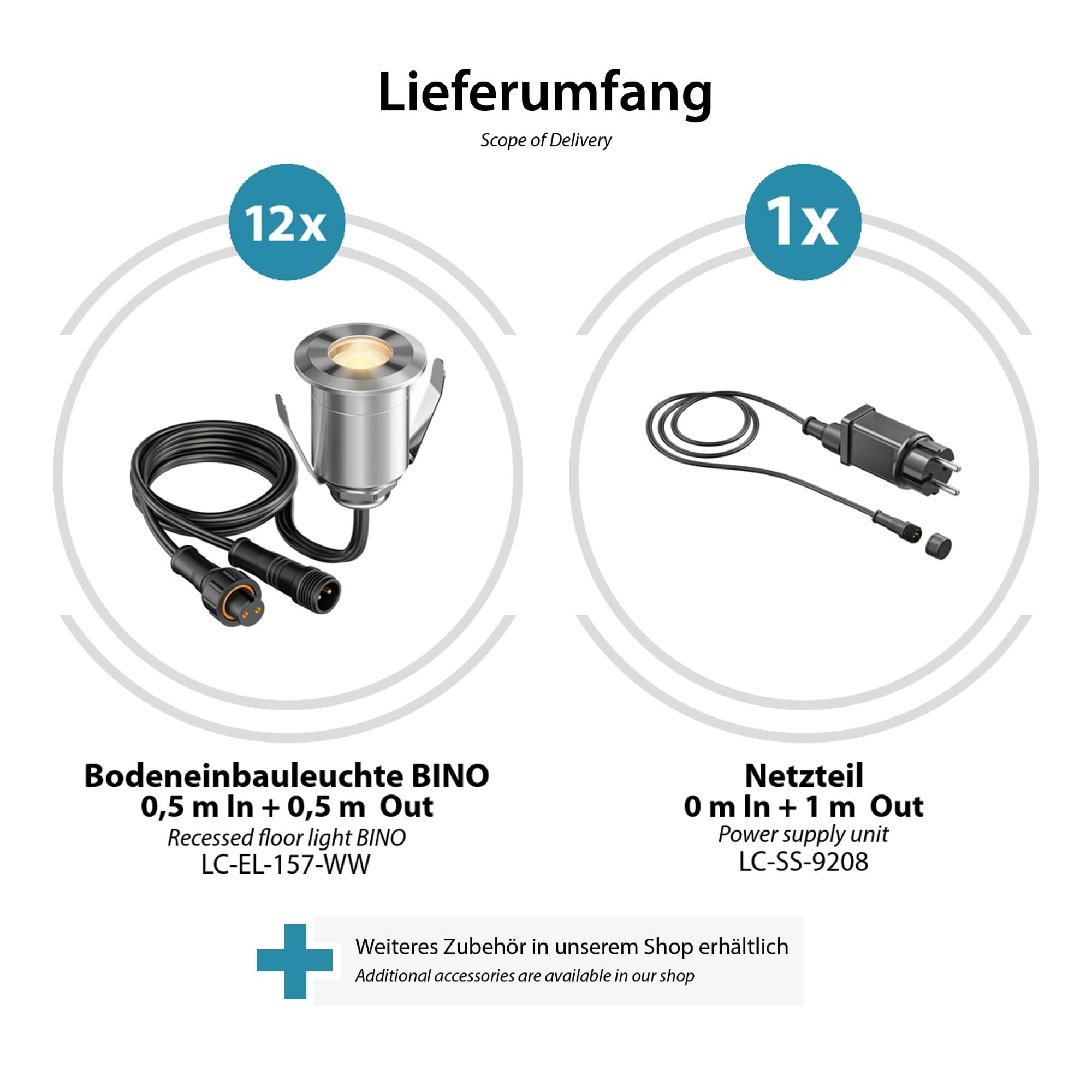 ledscom.de LED Boden-Einbauleuchte BINO für außen, IP67, 32mm Ø, warmweiß, 12er Set