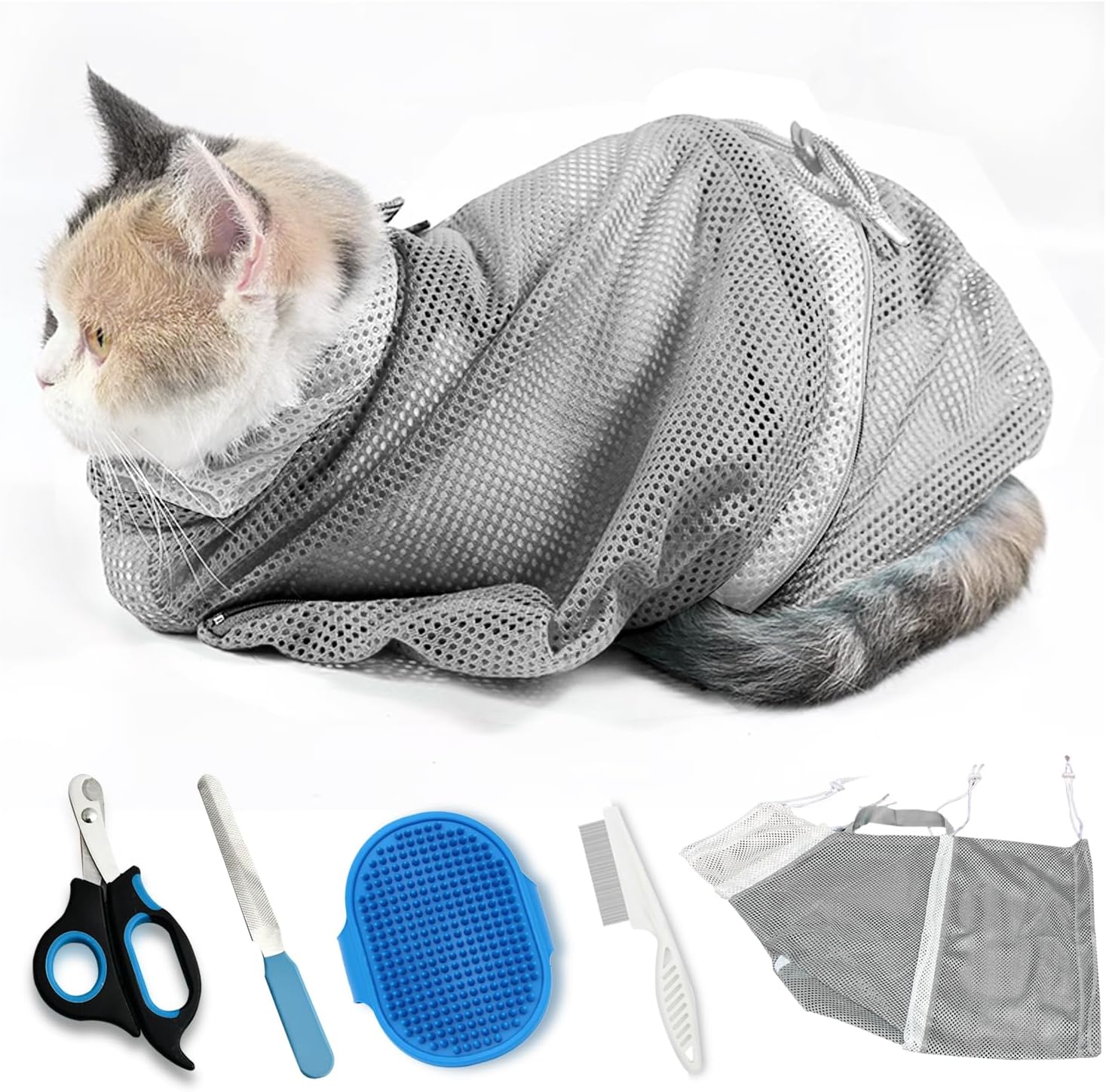Adjustable Multifunctional Anti-Bite Shower net Bag，Cat Grooming Mesh Bag, Cat Bathing Bag，Cat Bath Brush and Cat Nail Clipper