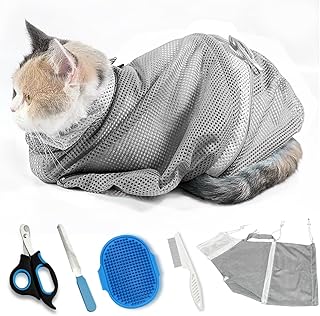 Adjustable Multifunctional Anti-Bite Shower net Bag，Cat Grooming Mesh Bag, Cat Bathing Bag，Cat Bath Brush and Cat Nail Clipper