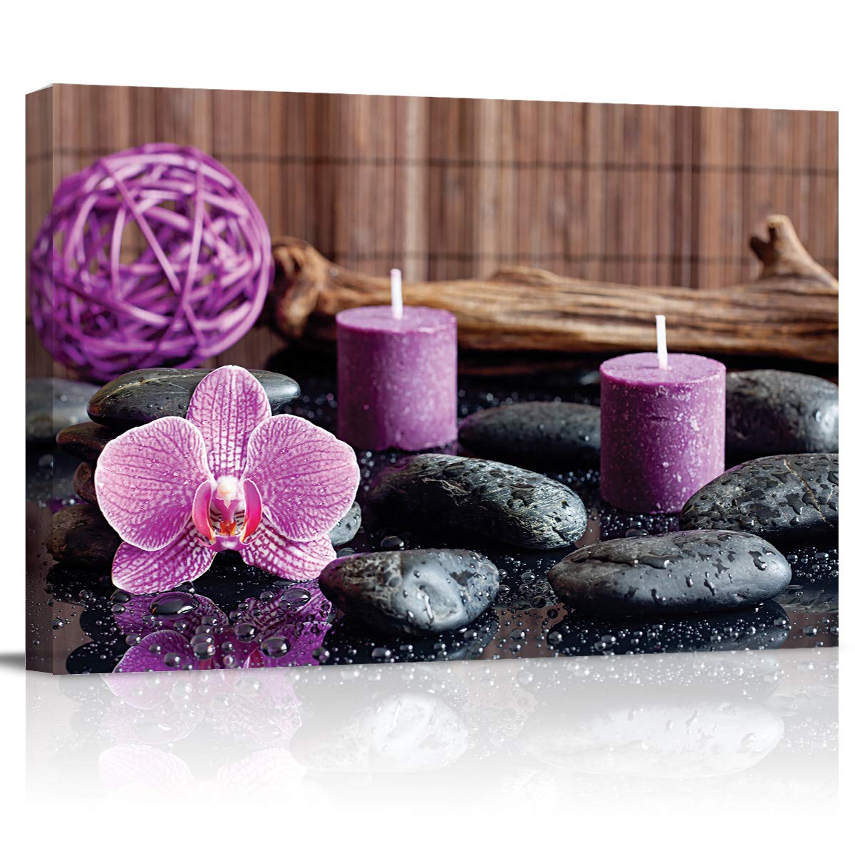 Canvas Wall Art - Purple Orchid and Calming Candles with Zen Stones - Modern Wall Decor Gallery Canvas Wraps Giclee Print Stretched and Framed Ready to Hang - 16" x 24"