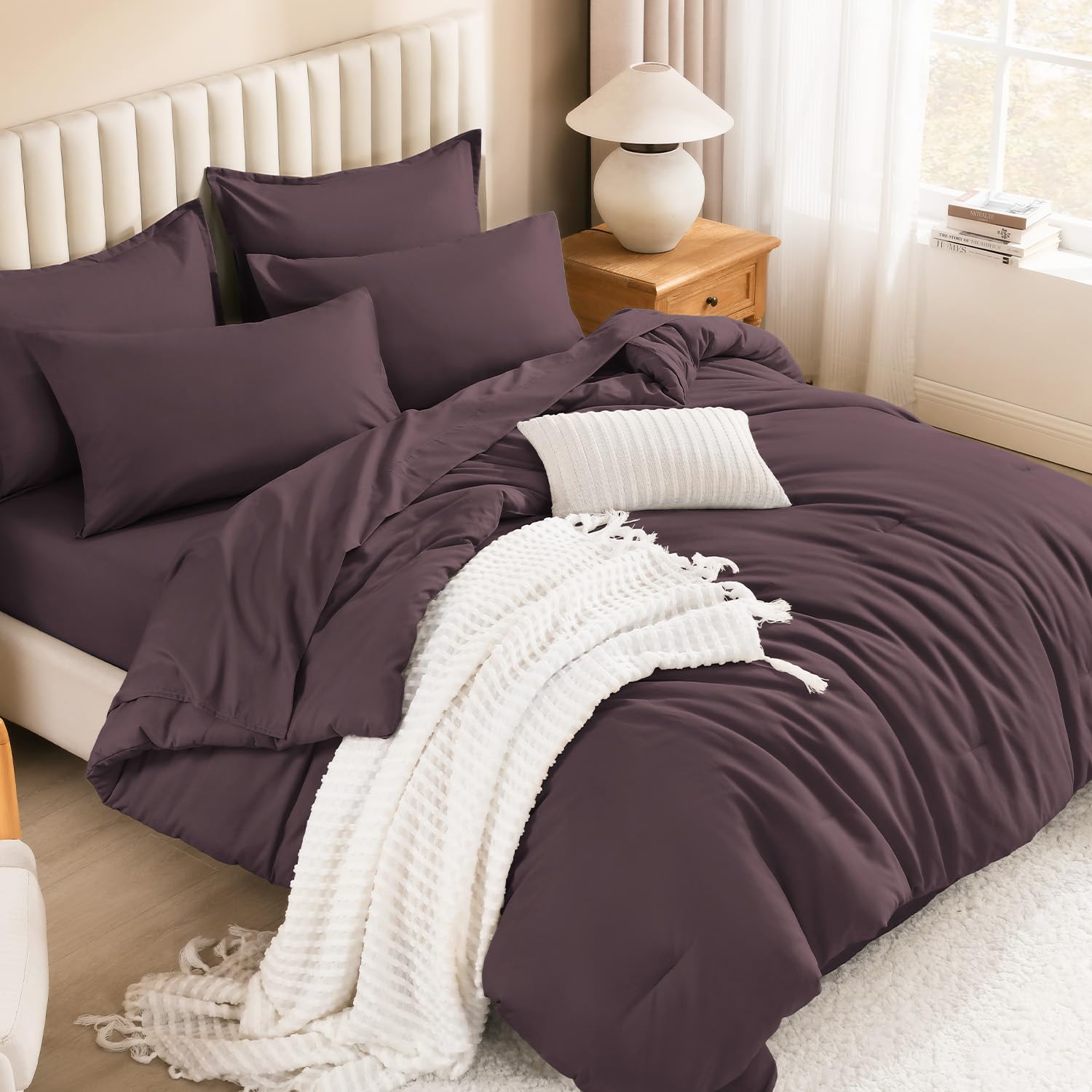 Litanika Plum Queen Comforter Set with Sheets - 7 Pieces Bed in a Bag