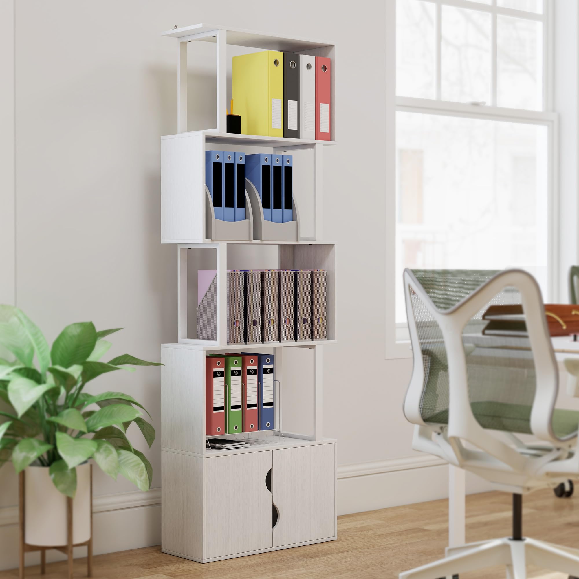 HOMCOM Librería de 5 Niveles en Forma de S 60x23,8x179,2 cm Blanco | Estantería de Libros, 5 Estantes, 2 Puertas, Sala de Estar, Oficina, Estudio, Dormitorio