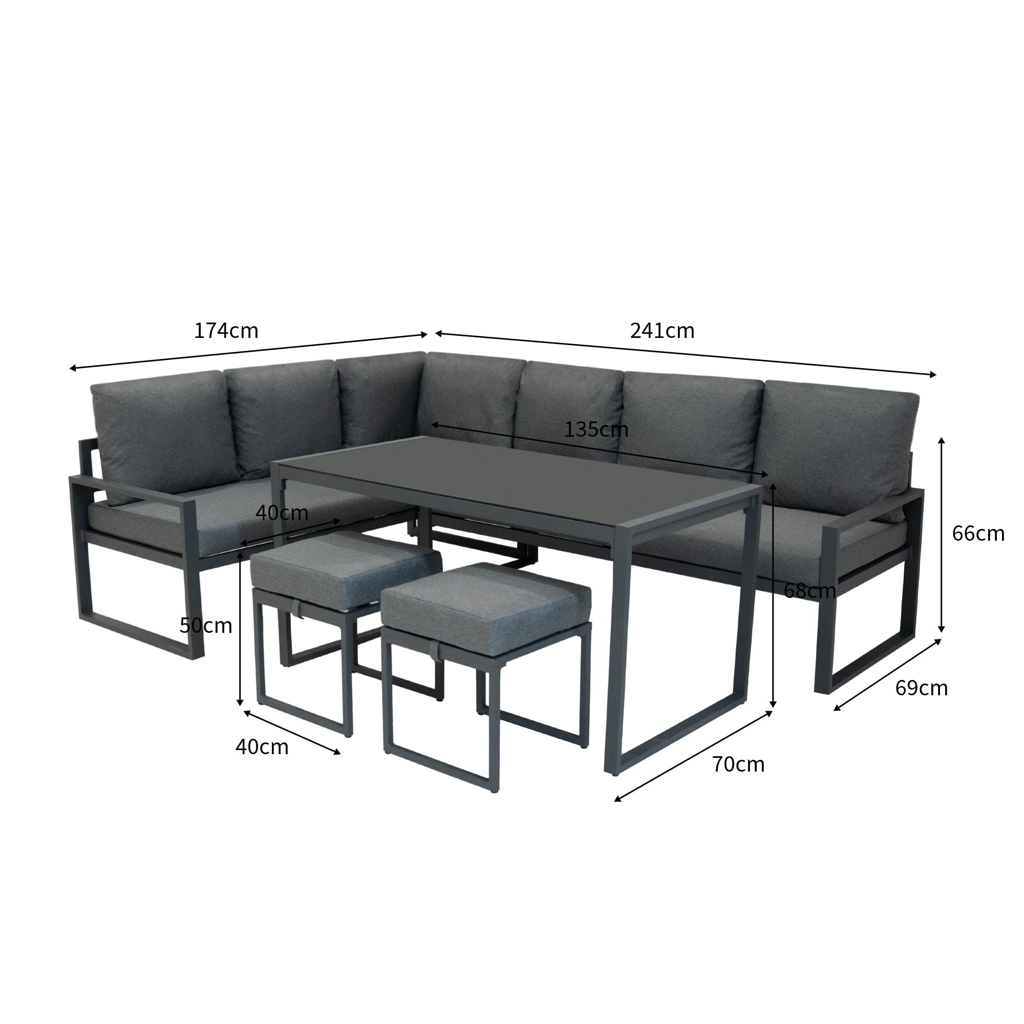Conjunto Sofá Esquinero de Aluminio 7 plazas | Gris Antracita | Sofa + 2 Taburetes + Mesa con Tapa de Vidrio + Funda Impermeable | Cojines Lavables, Diseño Moderno y Resistente para Jardín Terraza