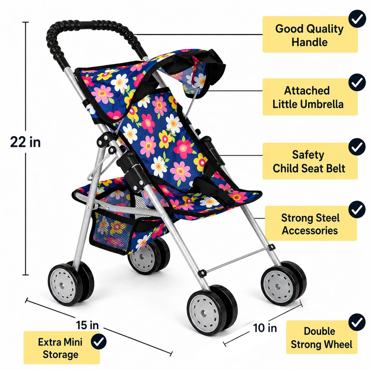 fash n kolor My First Baby Doll Stroller for Kids – Foldable Toy Stroller for 18 Inch Dolls with Storage Basket Double Wheels & Foldable Canopy – Pretend Play Doll Stroller