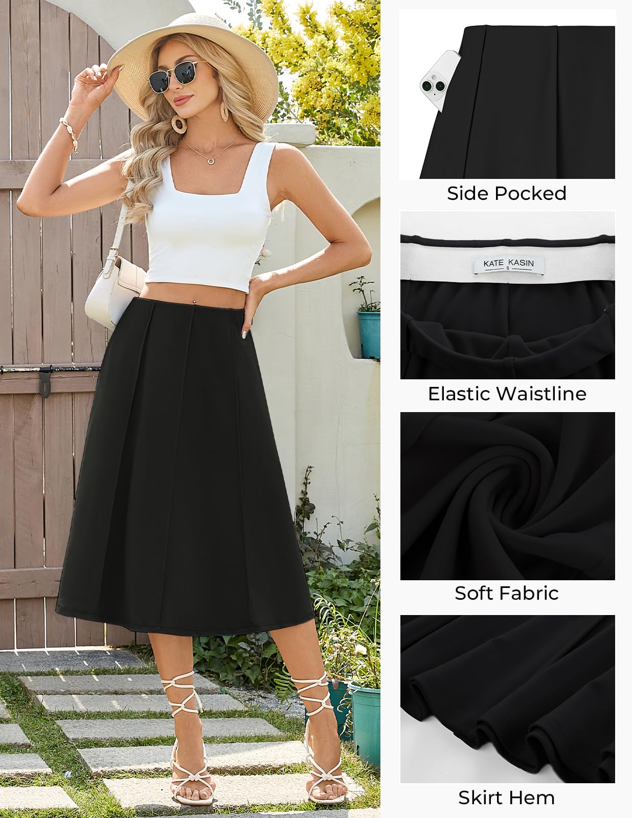 Kate Kasin Gonna midi plissettata da donna 2025 autunno a vita alta lunghezza al ginocchio Flowy A Line Swing casual svasata gonne con tasche