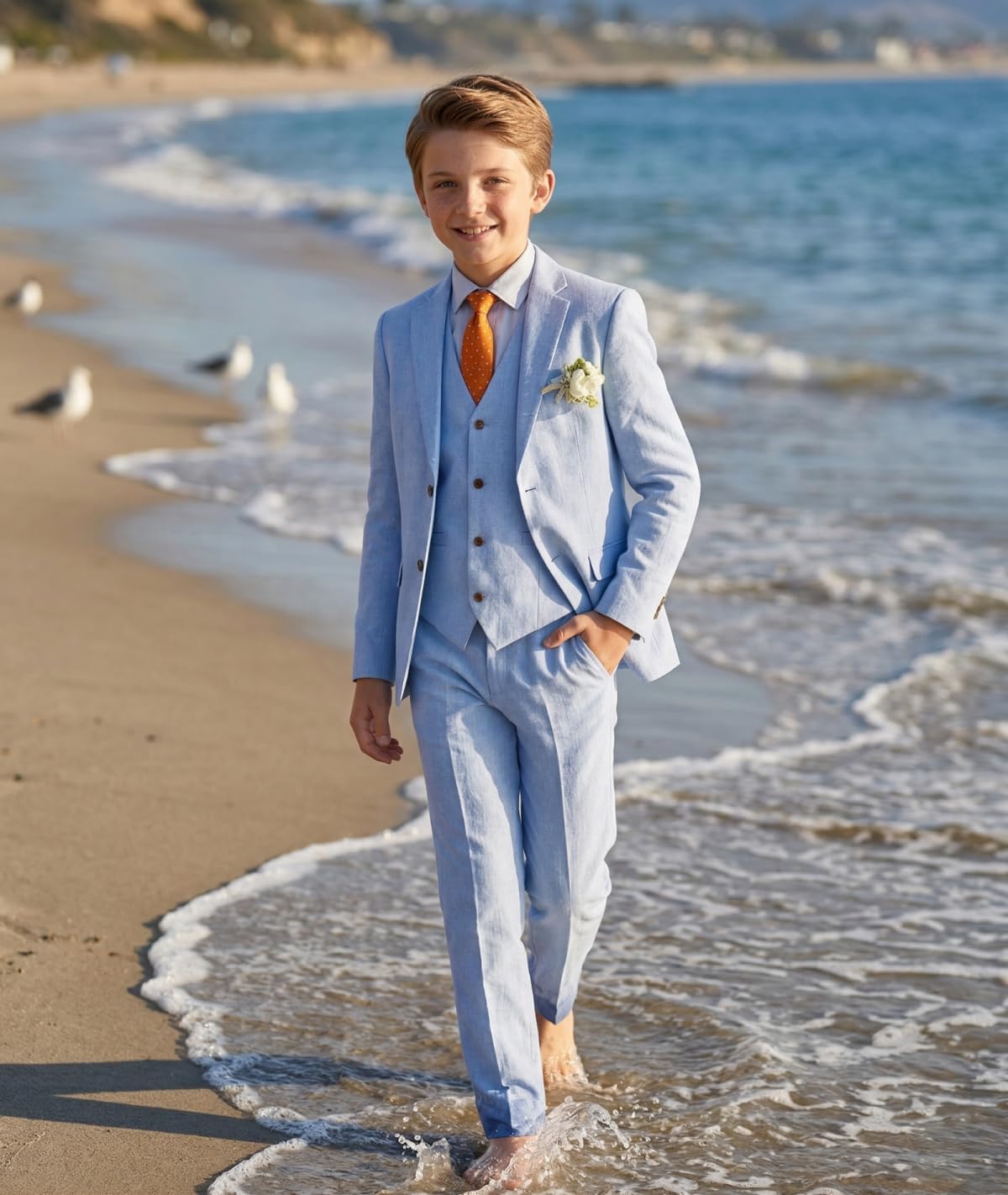 Boys Linen Suits Formal 3 Piece Beach Wedding Suits for Boy with Jacket Vest Pant Set Kids Dinner Party Tuxedo