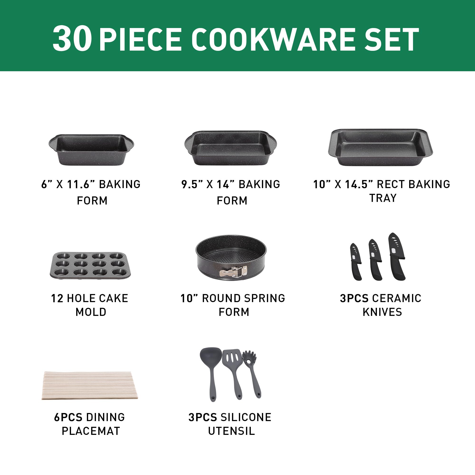 Kitchen Academy Set di 30 pezzi Padelle e Pentole Antiaderenti Nere, Set di Padelle a Induzione, Pentole in Granito Padella per Crepes con Coperchio in Vetro 3 Utensili in Silicone