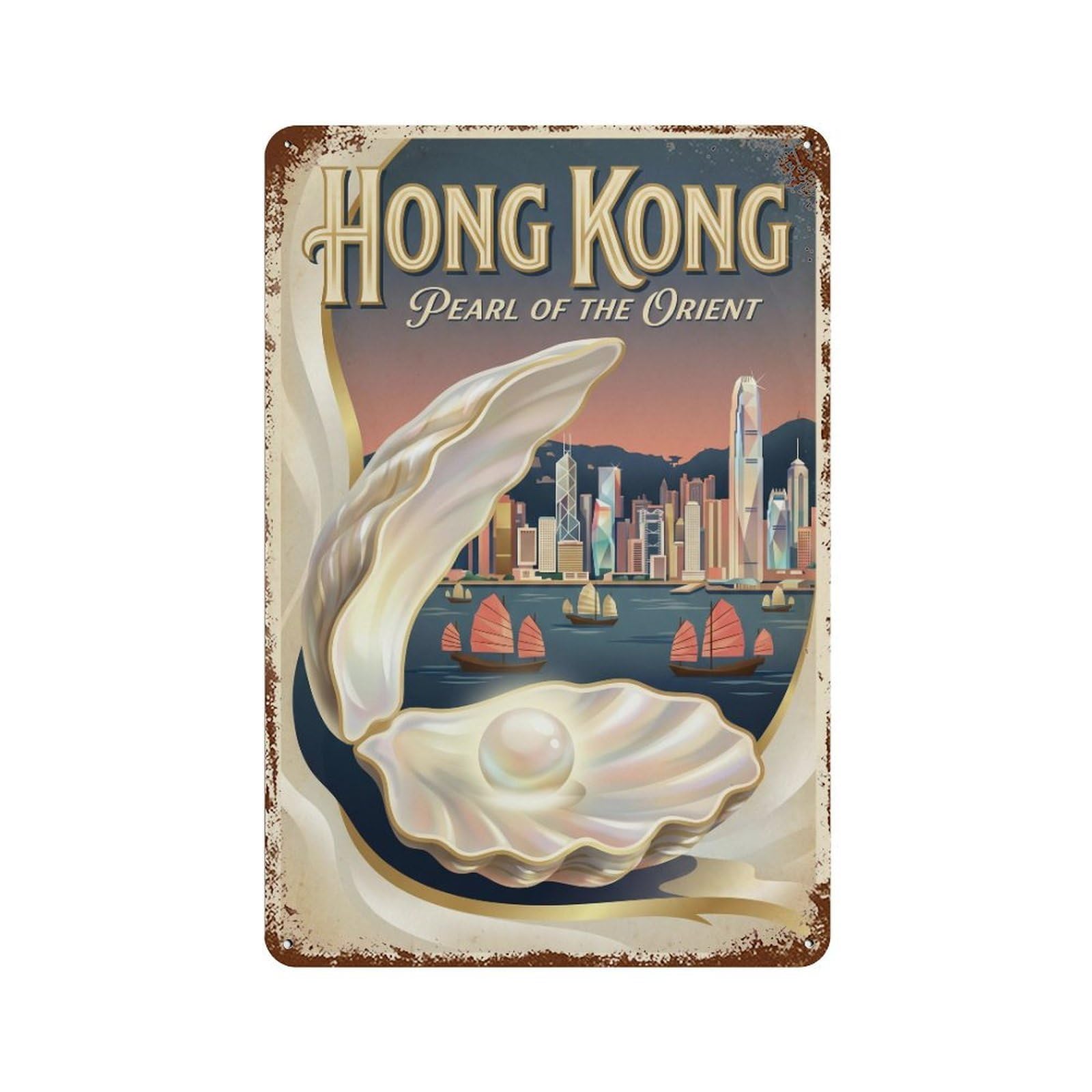 Metal Tin Sign Vintage Travel Hong Kong Pearl