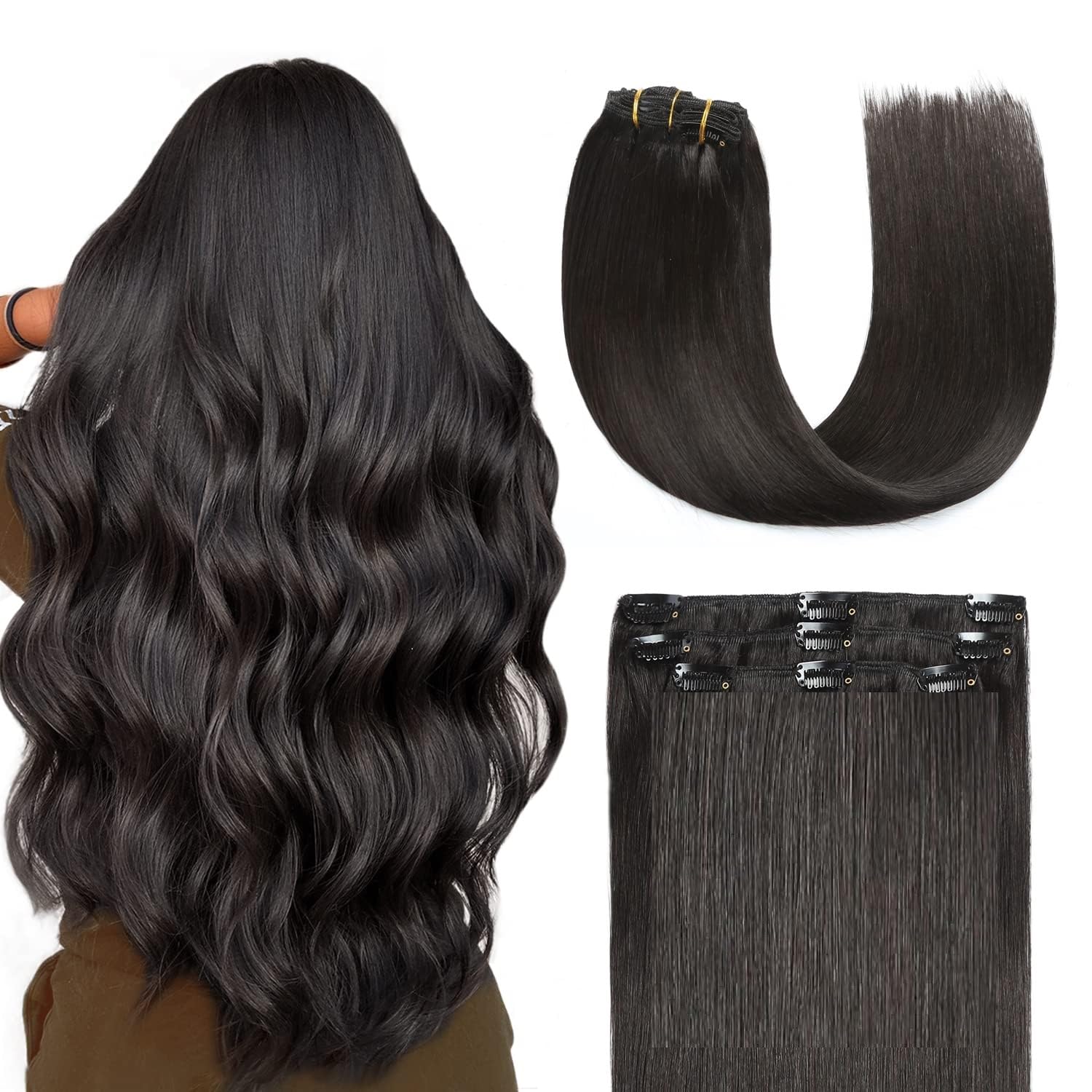 Clip in Hair Extensions 200g 24nch 3pcs 9 clips Natural Black Remy Human Hair Extensions Straight Clip in Hair Extensions Real Human Hair for Women(#1B 24inch)
