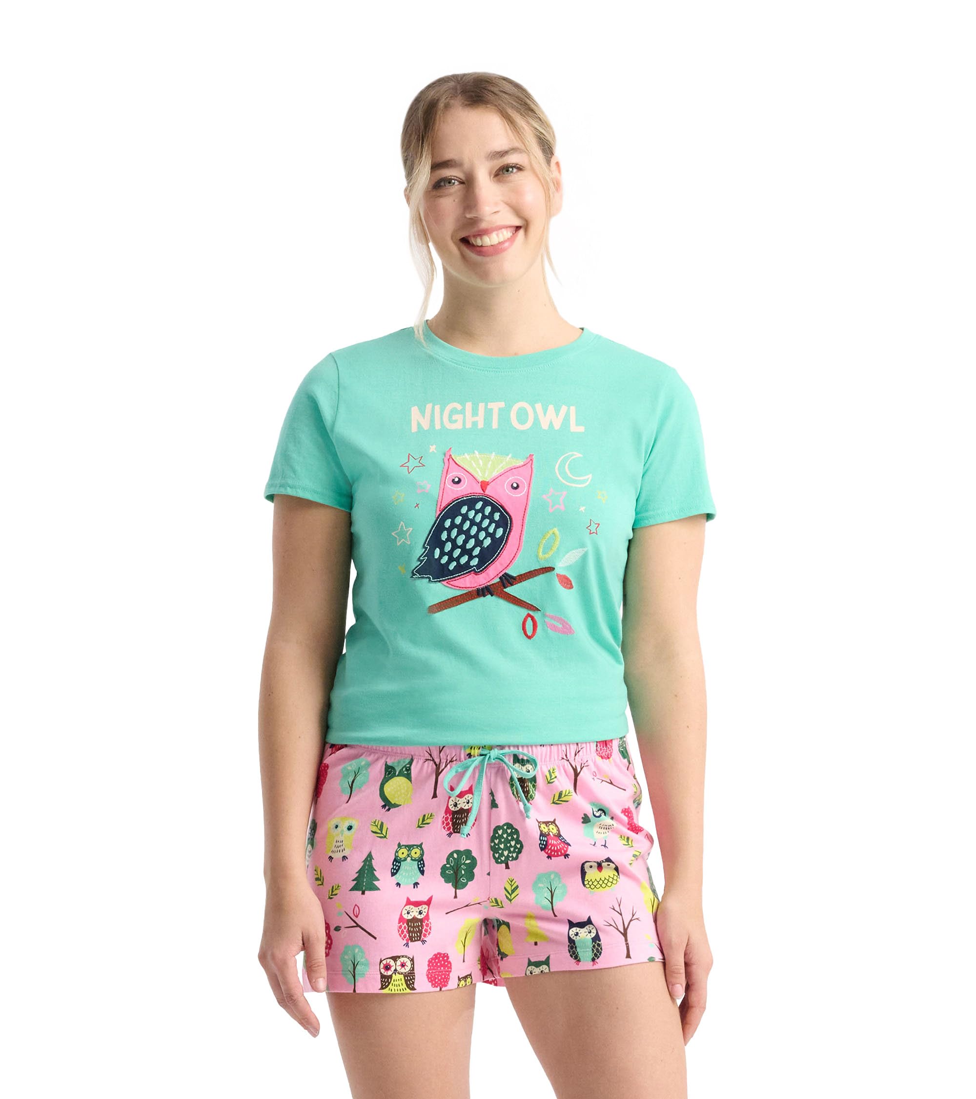 Little Blue House Women's Short Sleeve Tee Pyjama Top, Night Owl, Medium