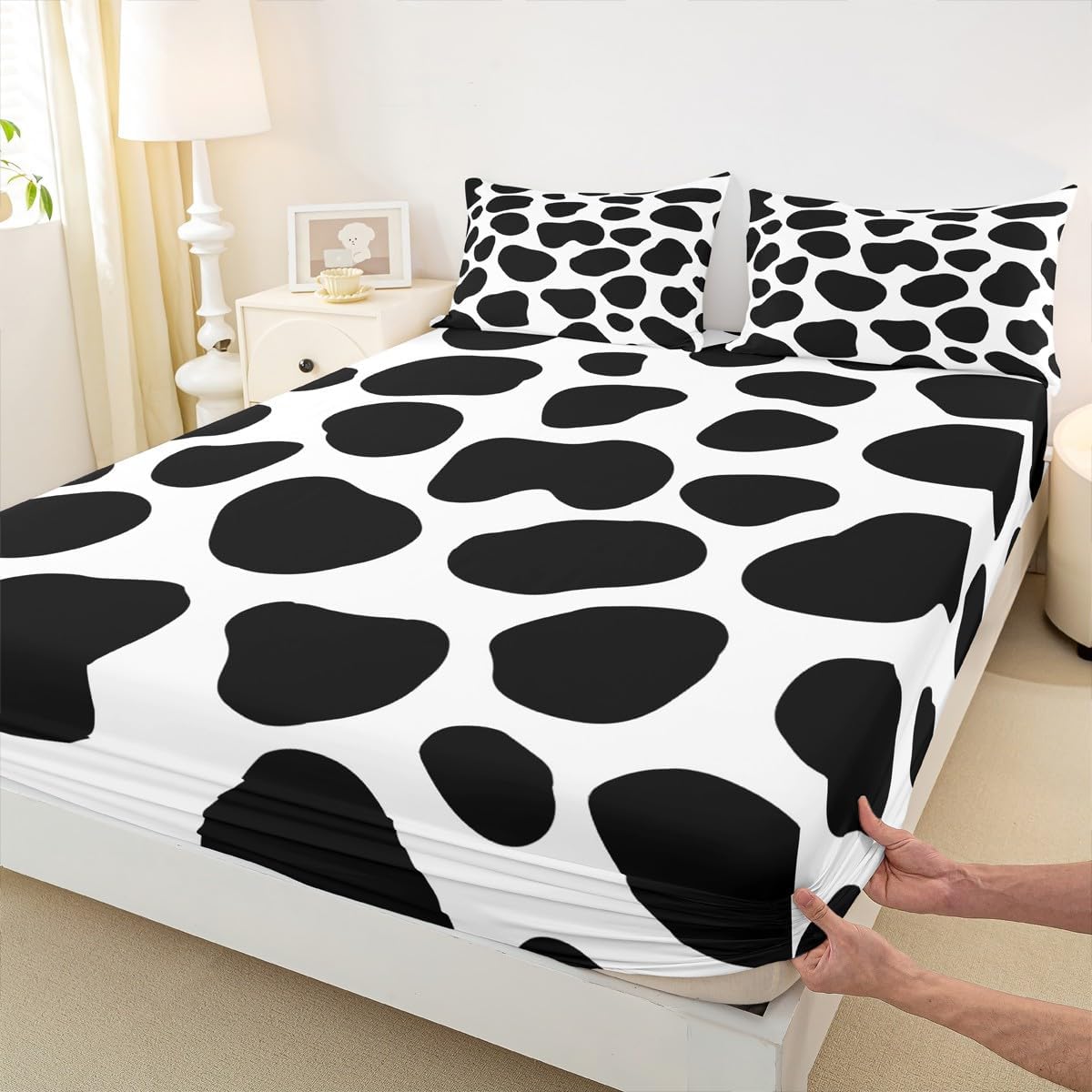 Cow Print Fitted Sheet Black White Bedding Set for Kids Teens Cartoon Milk Cow Bed Sheet Set Animal Farmhouse Bed Cover Room Decor 3Pcs with 2 Pillow Case Queen Size