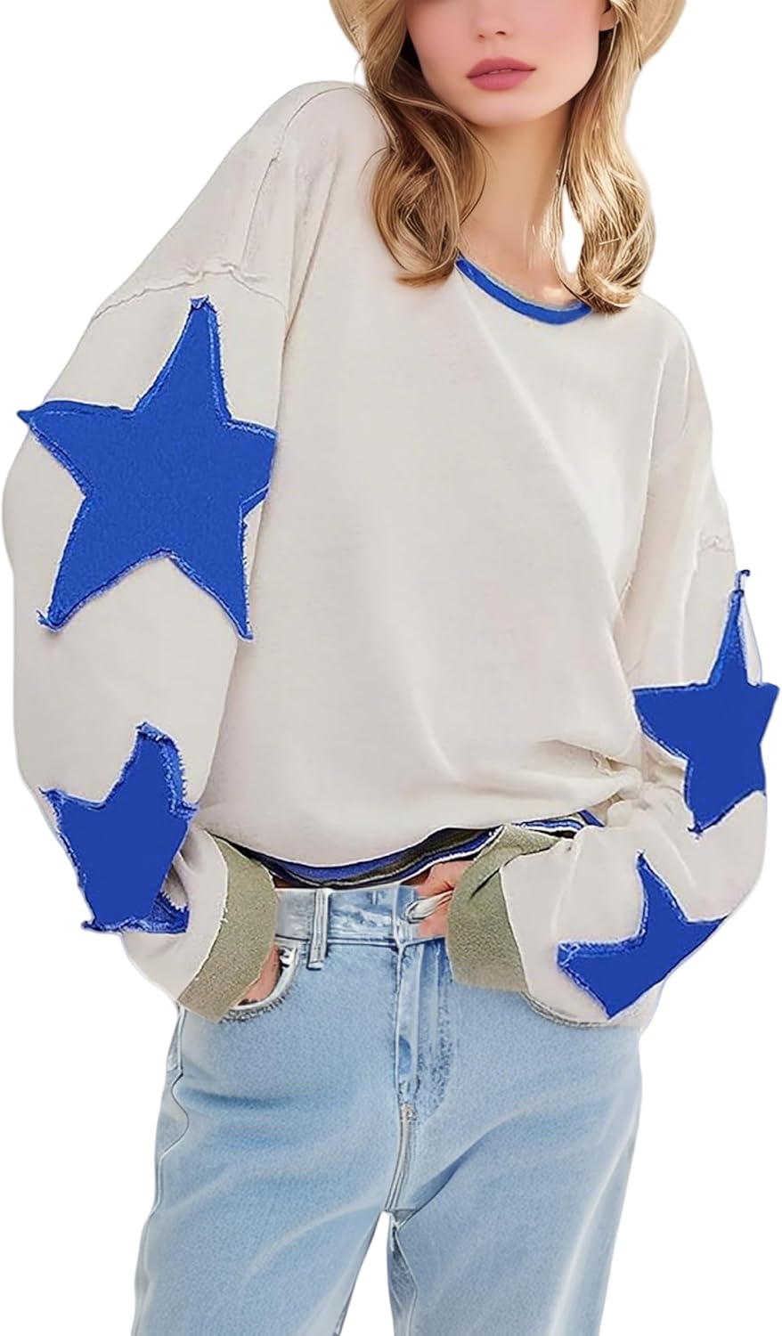 Women's Oversized Sweatshirt Long Sleeve Y2k Star Shirt Drop Shoulder Vintage Graphic Crewneck Top