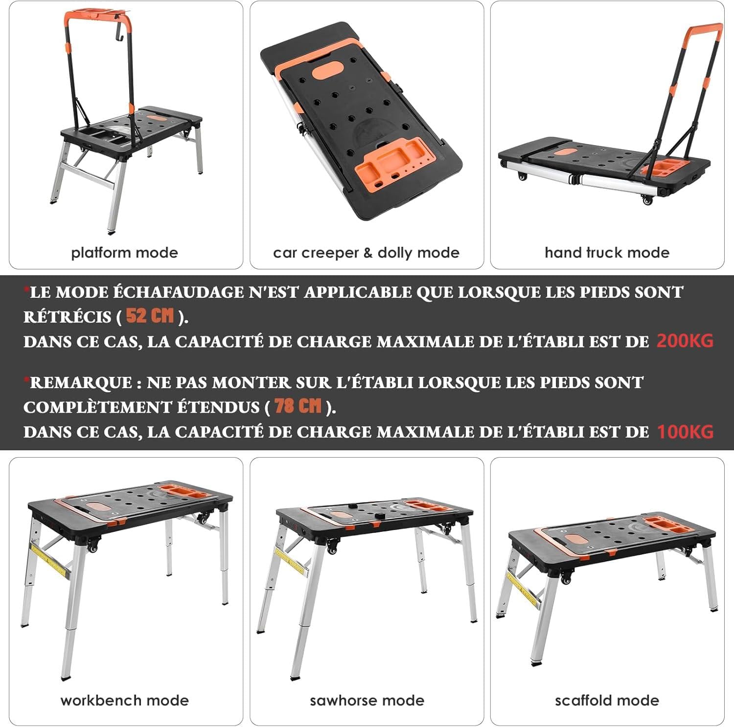 LIFERUN 7en1 Etabli Pliant, Établi Pliable, Chariot Portable Pliable,4 Roue