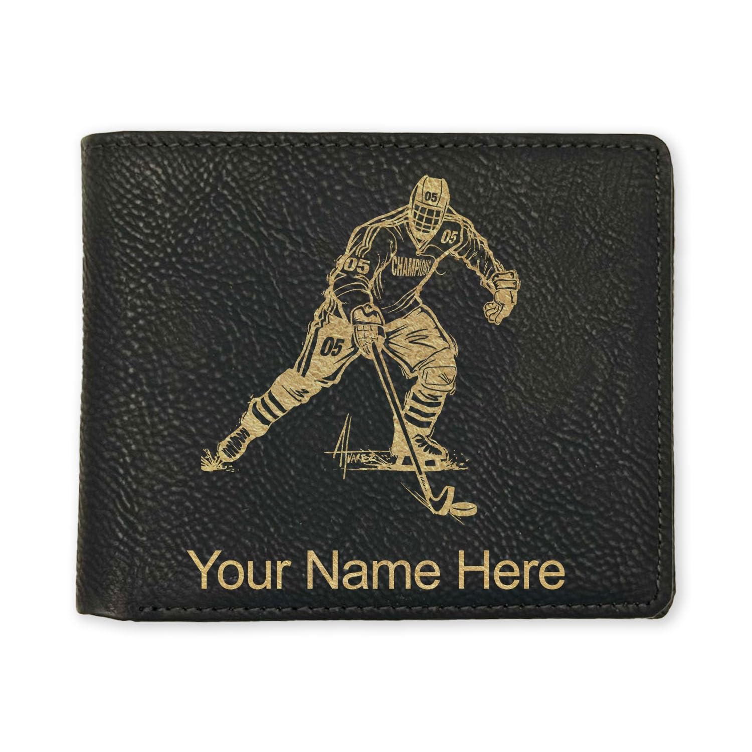 LaserGram Faux Leather Bi-Fold Wallet, Hockey Player Man, Personalized Engraving Included (Black with Gold)