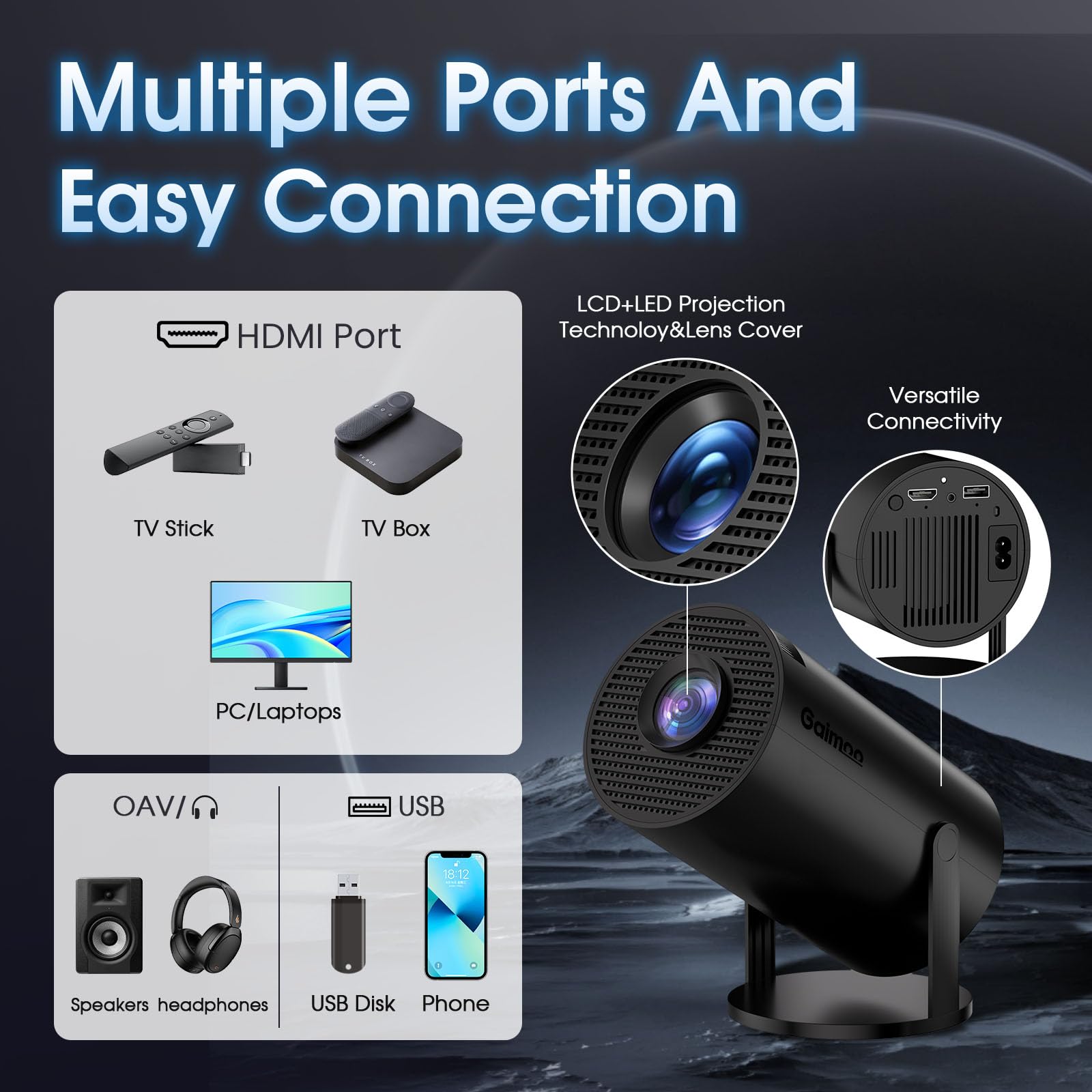 Mini Beamer 4K Full HD 1080P Projektor mit WiFi 6 Bluetooth 5.2 Auto Keystone 180° Drehbar Schwarz