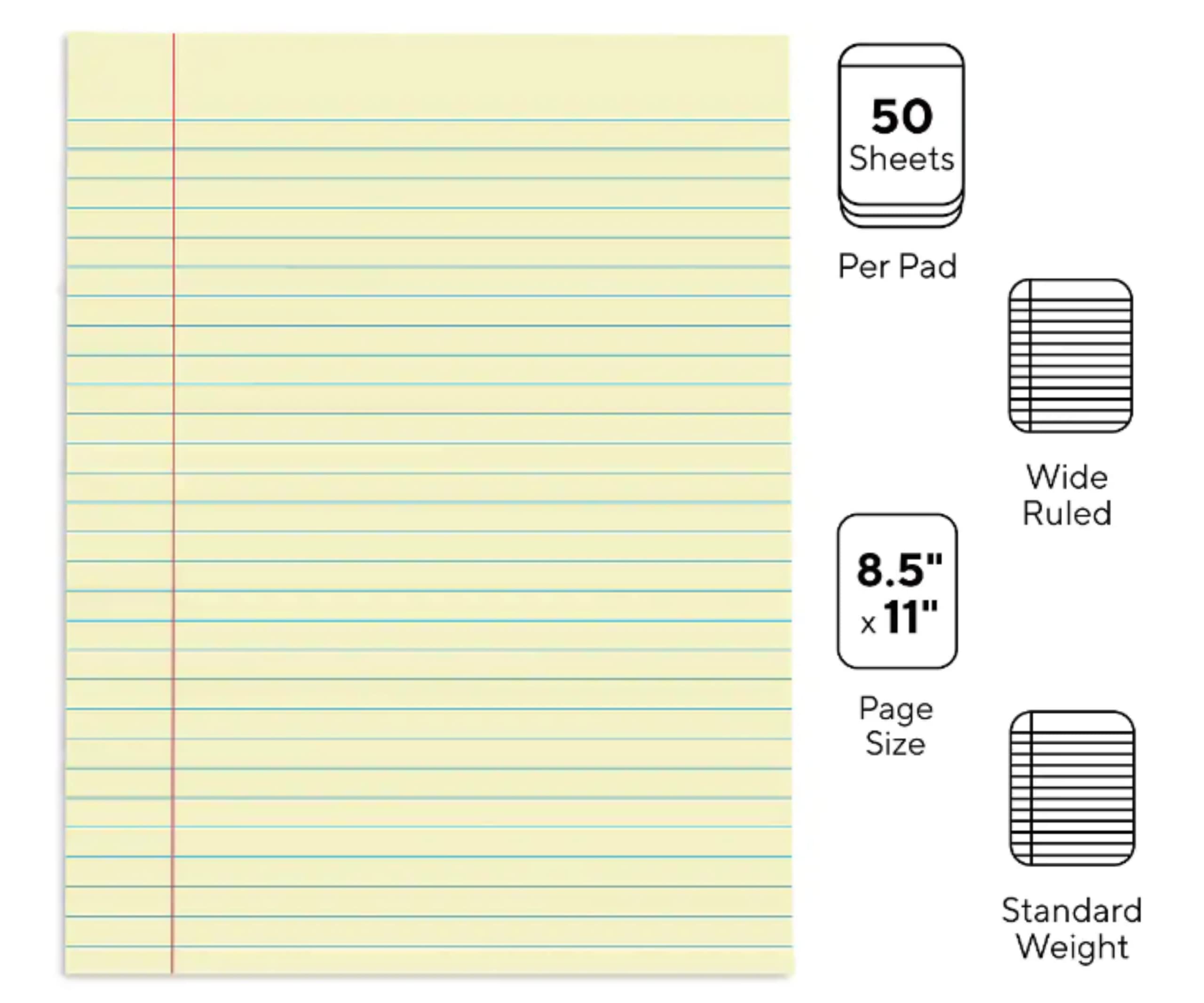 1InTheOffice Blocco note gialli, tamponi per scrittura gialli, compresse di carta 8-1/2 x 11, blocco note a righe larghe, tamponi per canarini, 50 fogli/pad, 12 pastiglie