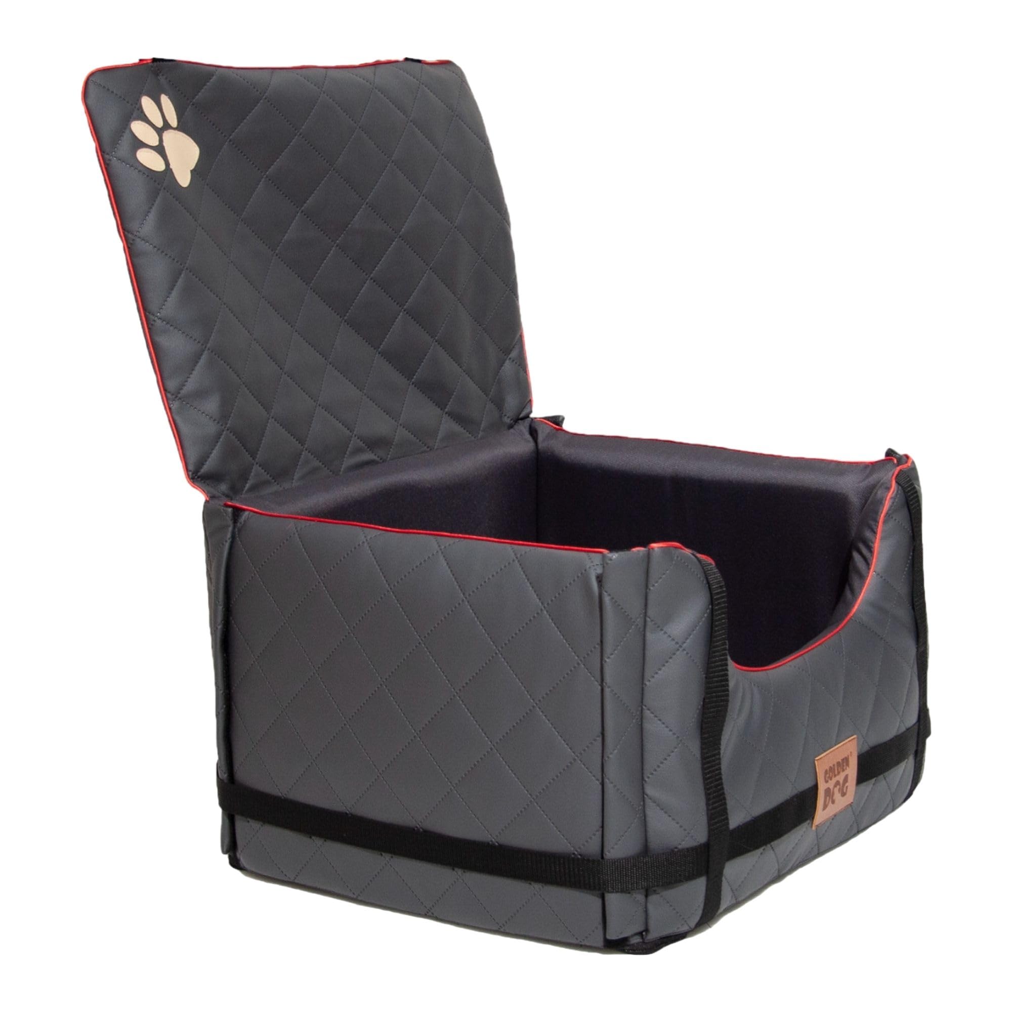 Golden Dog - Caja de transporte para perros con cinturón de seguridad M-52 x 44 x 33 cm - Asiento de coche de imitación de cuero para perro asiento impermeable para perro - Asiento de pasajero para