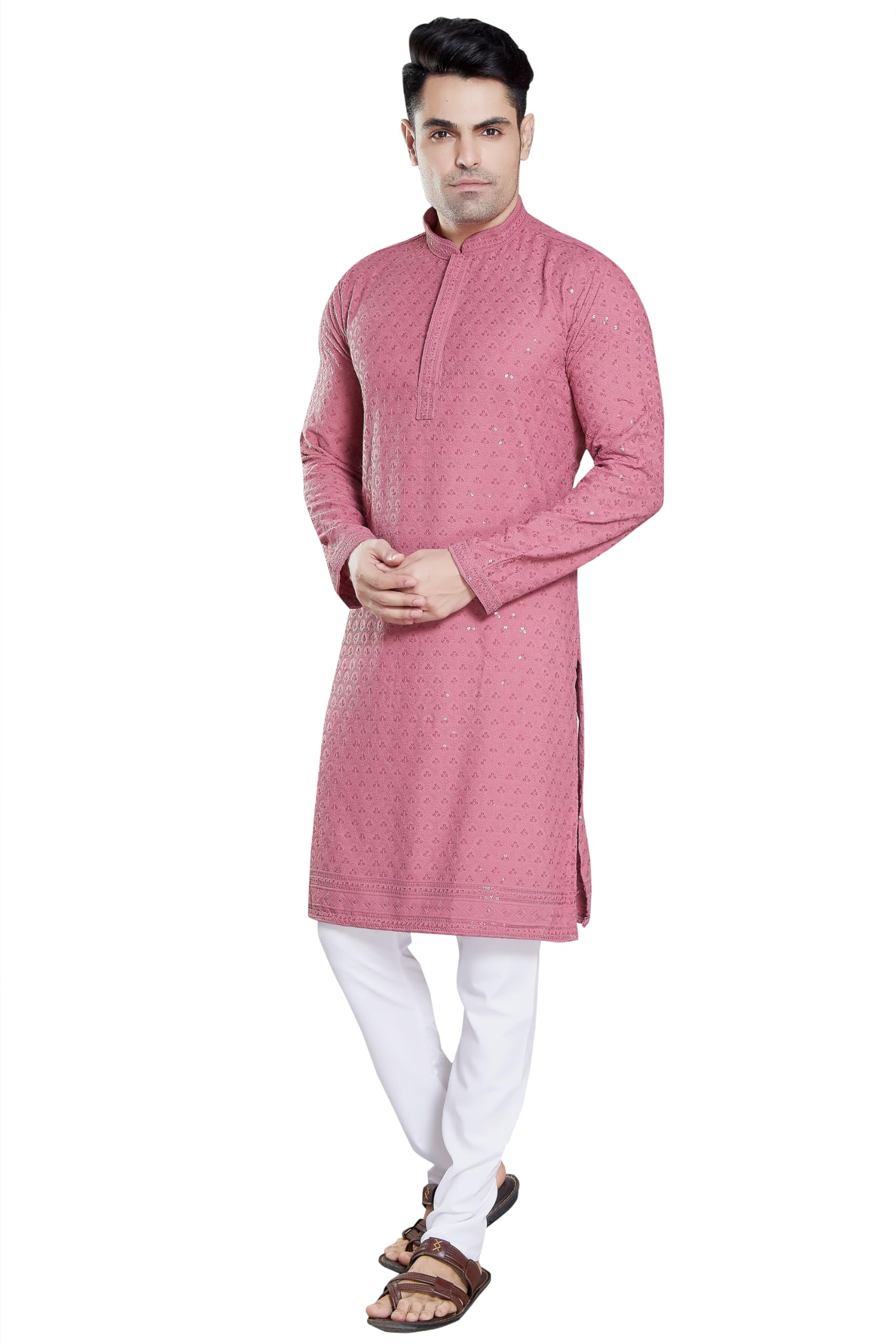 Divisive Men's Sequince Embroidered Cotton Blend Slim Fit Kurta Pyjama Set (Dkrt146_Xxl_Pink)
