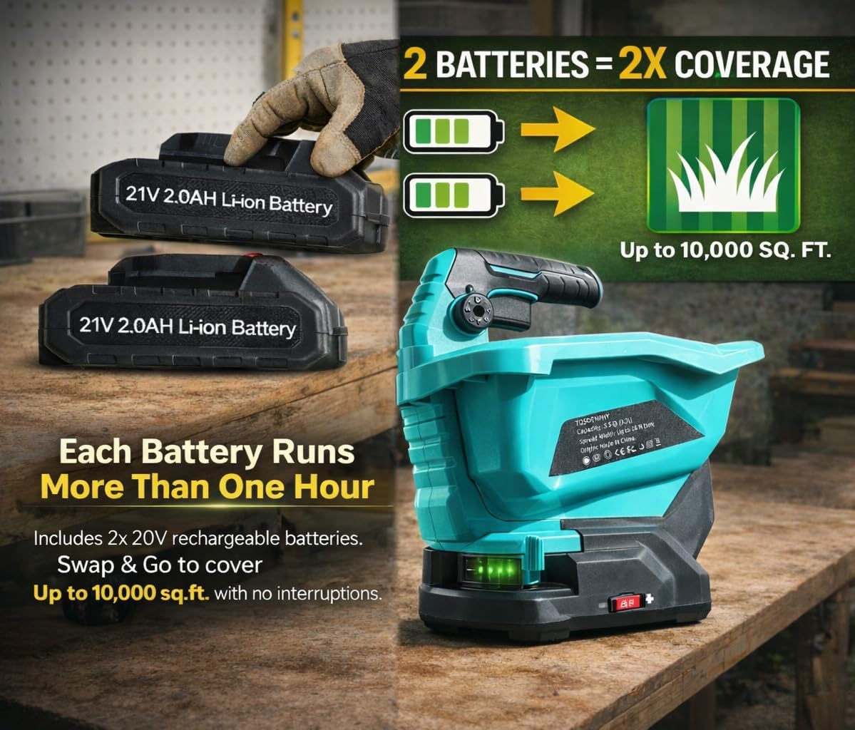 Fertilizer Spreader - 3.5Qt Electric Handheld Grass Seed Spreaders for Lawns with 21V 2x2Ah Batteries, Brushless Motor, 6 Speed & 8 Size Adjustable 125° Spread Angle, 16ft Spread Width, 8600 Sq.ft