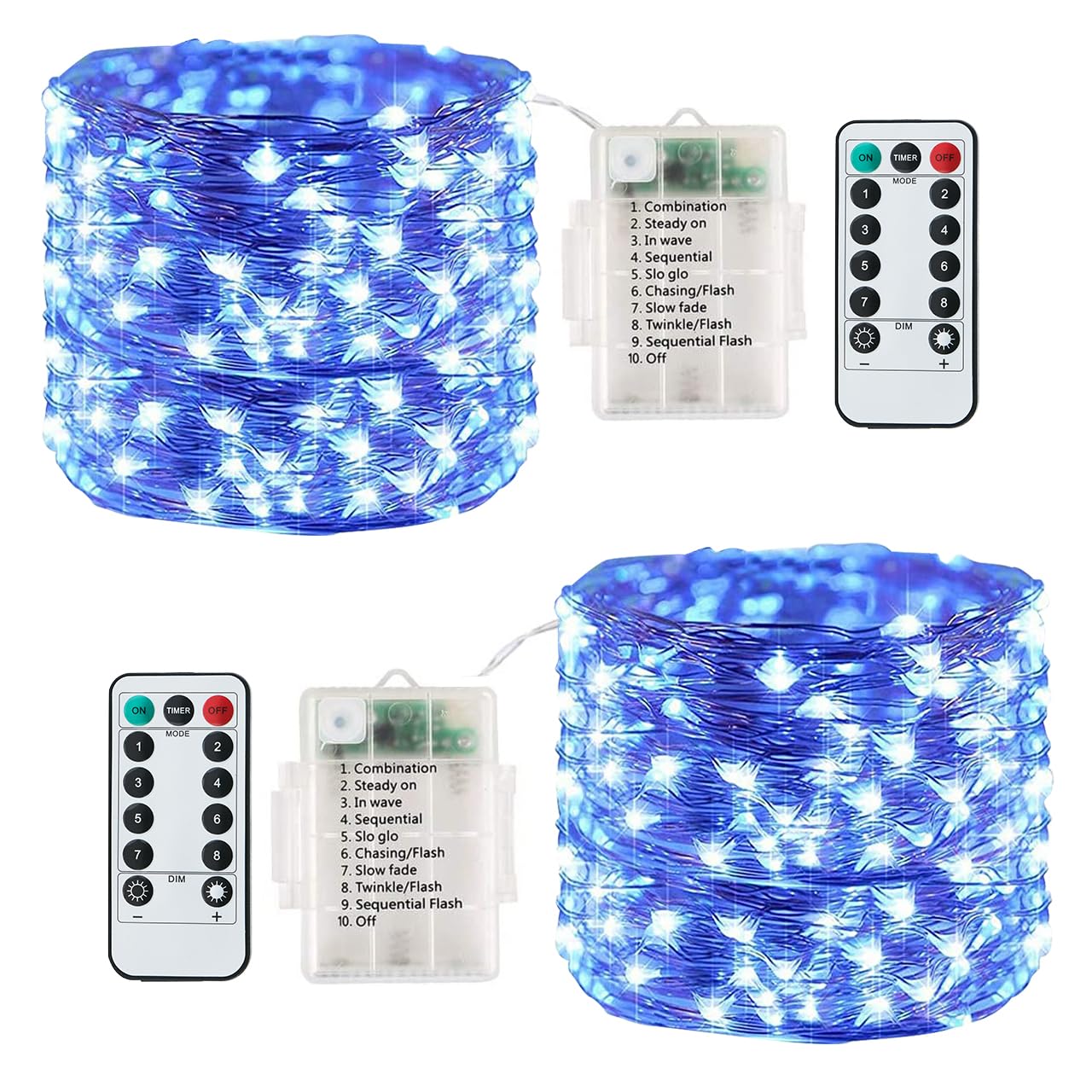 Lezonic Blue Fairy Lights Battery Operated, 2 Pack 40Ft 12M 120Led Copper Wire String Lights,Battery Fairy Lights With 8 Modes Waterproof For Indoor /Outdoor Bedroom Wedding Party Christmas Tree Decoration(Blue)
