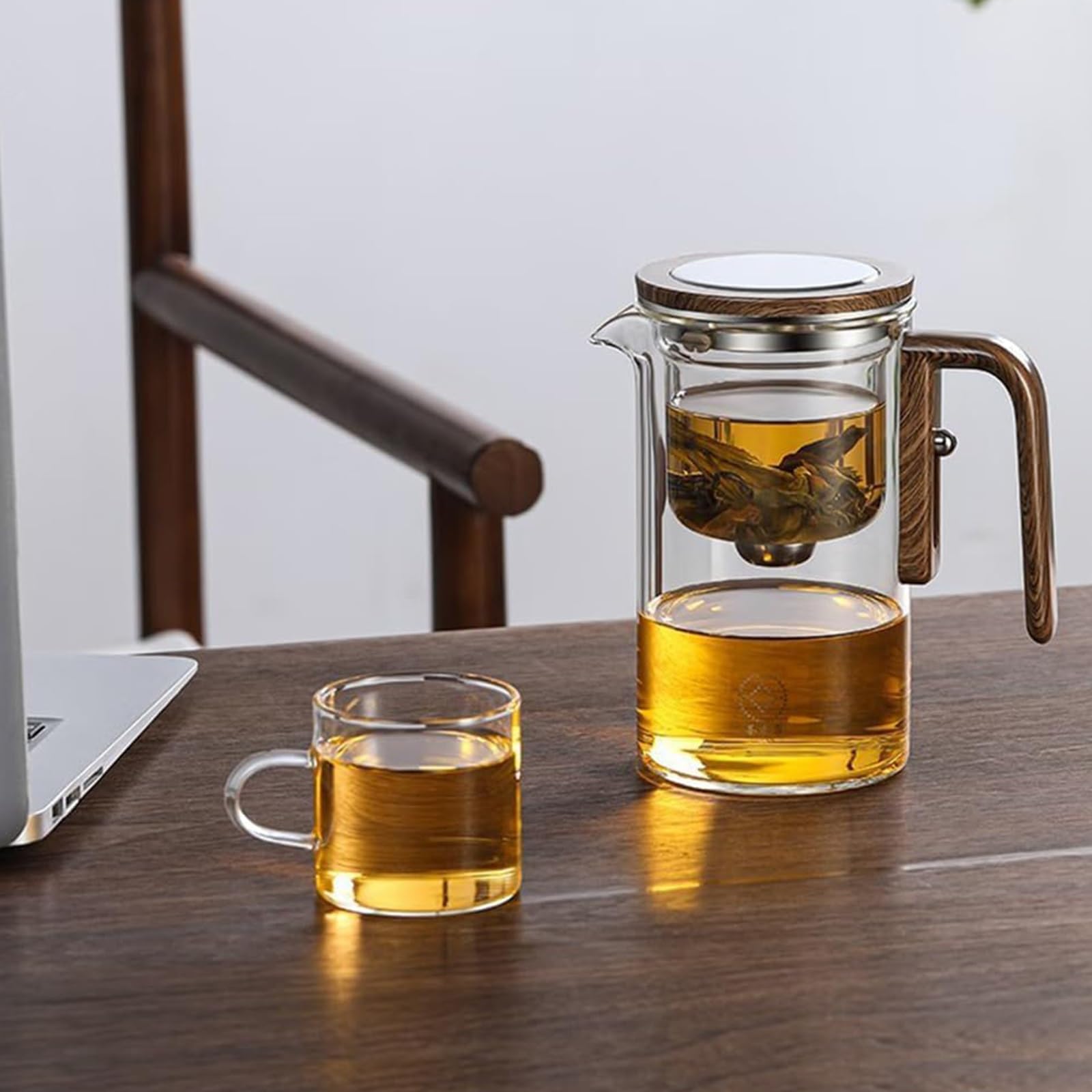 Tetera mágica Enchanti Tea, Tetera mágica Enchanti, Tetera de brujería Enchanti Tea, Tetera de Vidrio con separación de Agua y Mango de Madera (500 ml)(520ml)