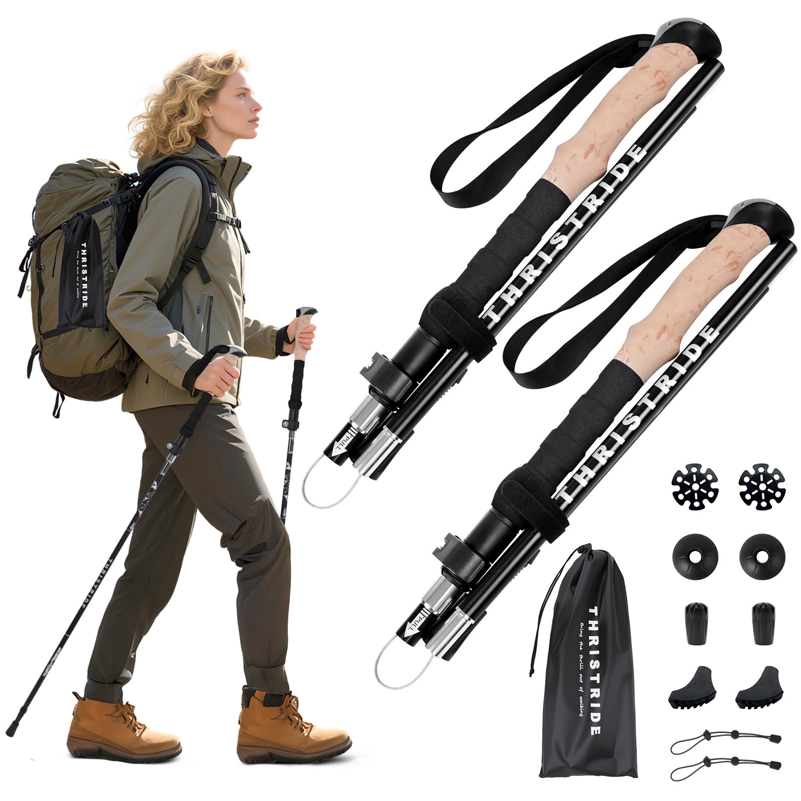 Thristride Aviation Grade Aluminum Alloy Trekking Poles-Strong Lightweight Collapsible Walking Stick for Seniors, Men,and Women Hiking in The All-Season,and All-Terrain, 2pc Per Set