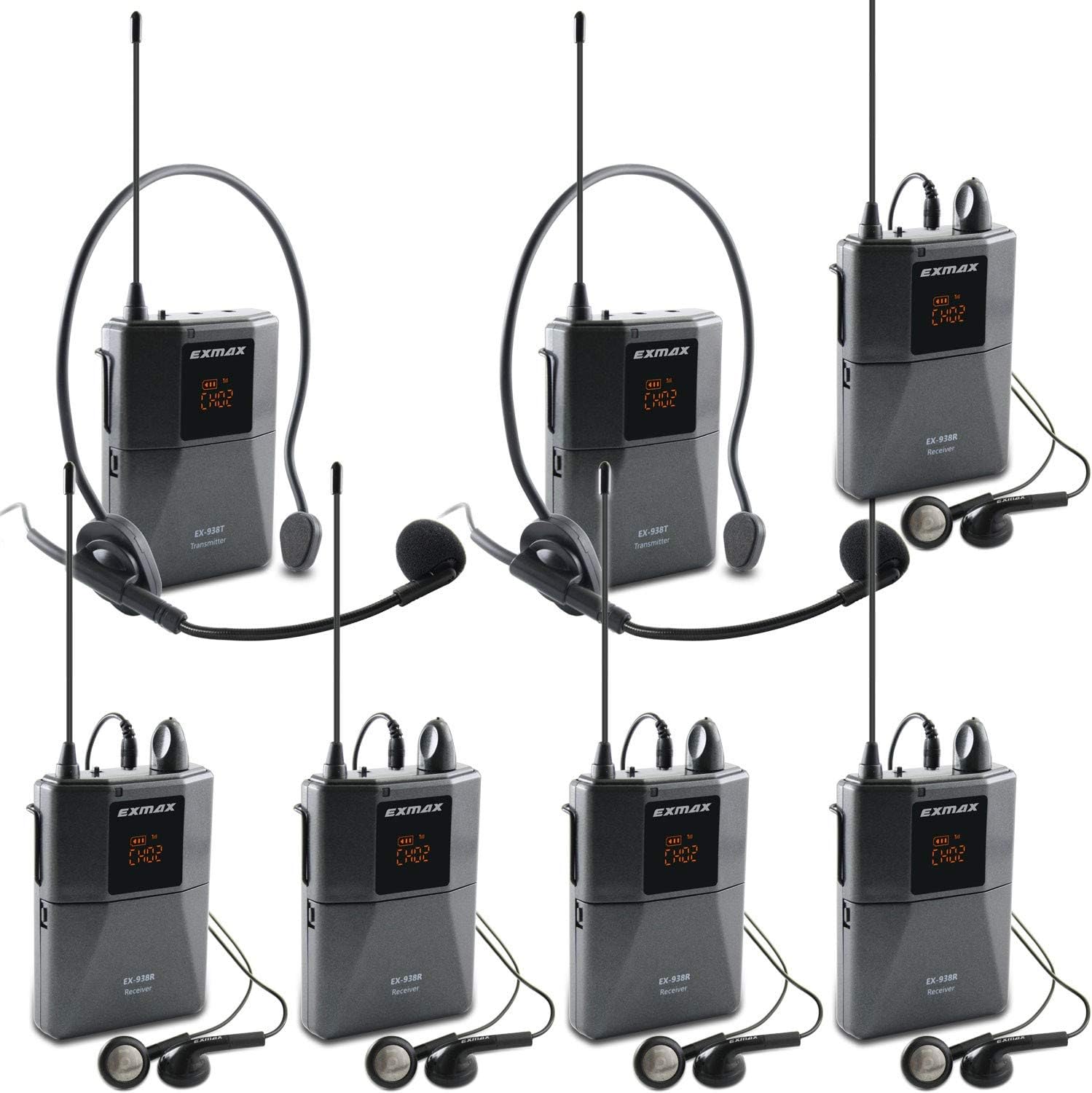EXMAX EX-938 UHF Voice Acoustic Transmission Wireless Assisted Listening System for Church Translation Summit Court of Law Exhibition Bus Sightseeing Social Distancing - 2 Transmitters & 5 Receivers
