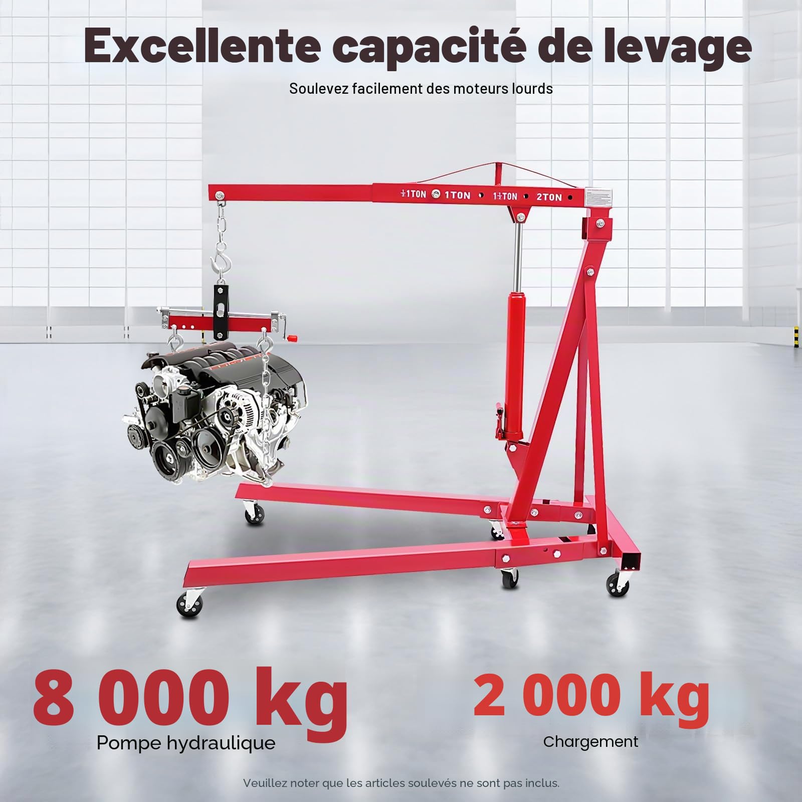 Cric de levage 2T - Hauteur de levage de 148 cm - 4 niveaux - En acier au carbone - Rouge - Pliable - Grue hydraulique d'atelier - Grue de levage avec équilibrage de moteur - 6 roues - Pour