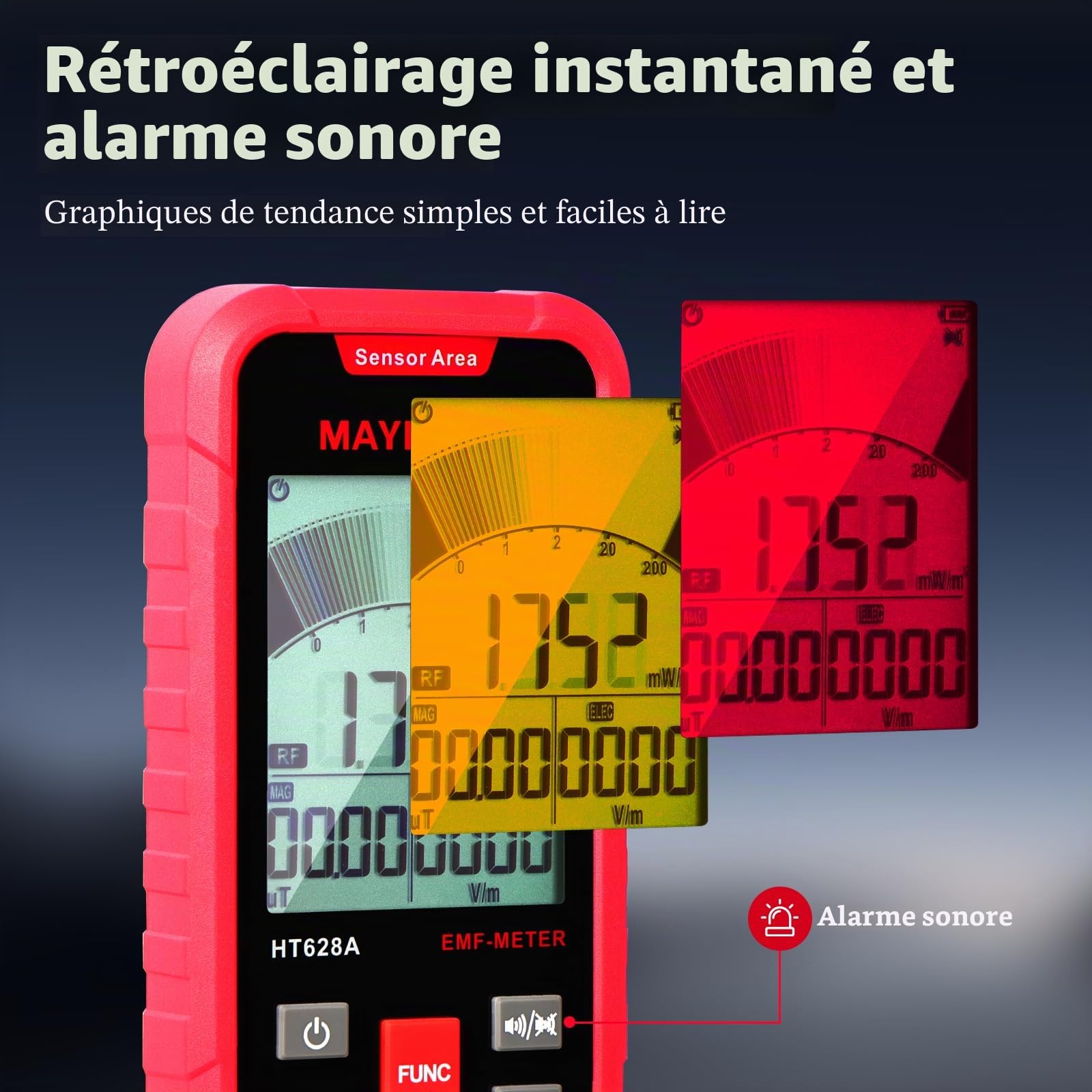 Détecteur EMF 3-en-1 Compteur Geiger avec Mesure 3 Axes (EF/MF/RF) Testeur de Rayonnement Électromagnétique avec Graphique de Tendance pour Maison WiFi 5G et Chasse aux Fantômes
