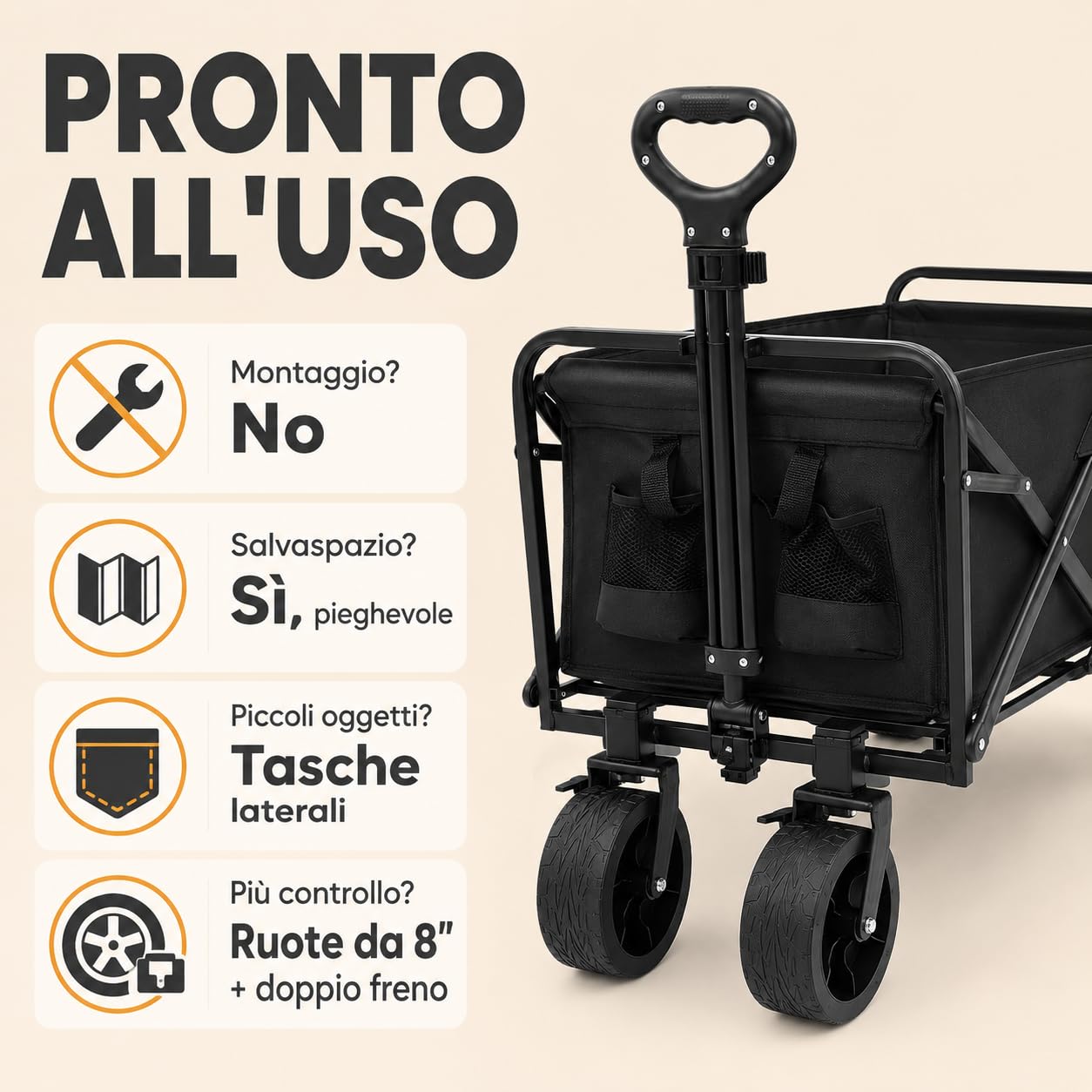 Carrello pieghevole, 115 kg, con due freni anteriori e tasche laterali