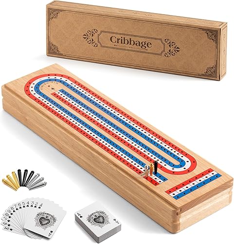 Ceebyfa Juego de mesa Cribbage con gran área de almacenamiento, tablero de cuna de madera maciza de 3 pistas, 9 clavijas de metal, 2 cartas de juego
