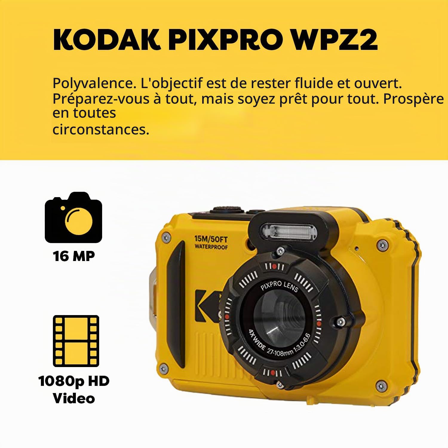 Kodak PIXPRO WPZ2 Ensemble appareil photo numérique robuste et étanche avec étui noir et carte microSDHC 32 Go (jaune)