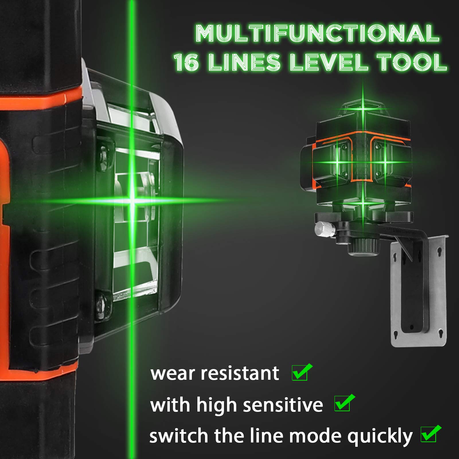 Livella Laser,Geevorks Multifunzionale 4D 16 Linee Strumento di Livellamento Linea Verticale Orizzontale con Funzione di Autolivellamento con 1.5M Regolabile Barra di Prolunga in Lega,IP54,2 batterie