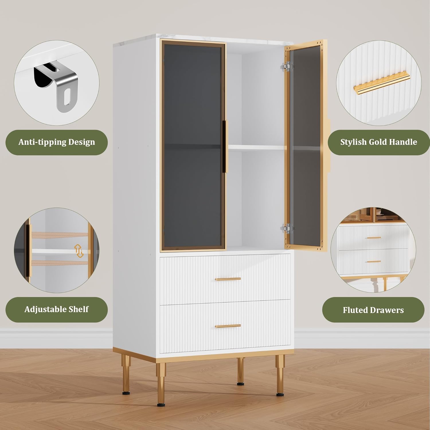 Garvee Fluted Pantry Cabinet with Glass Door and 2 Drawers, Kitchen Pantry Storage Cabinet with Adjustable Shelves, Modern Display Sideboard for Kitchen, Dining Room, Living Room, White