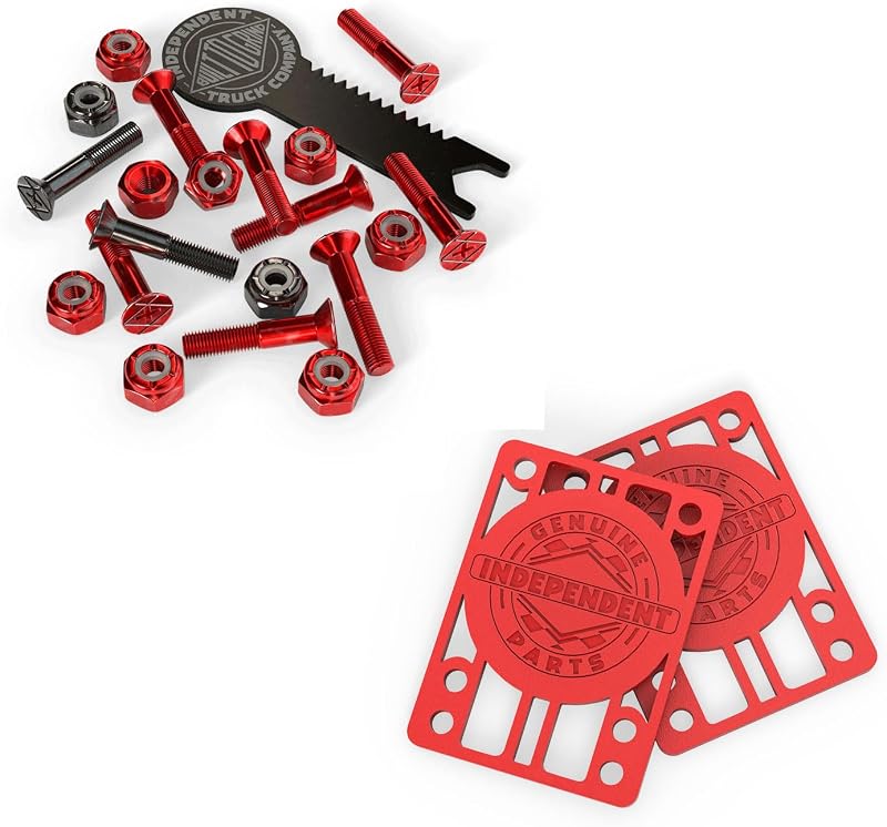 Trucks Skateboard Hardware 1" Black/Red + Tool + Red Indy Risers