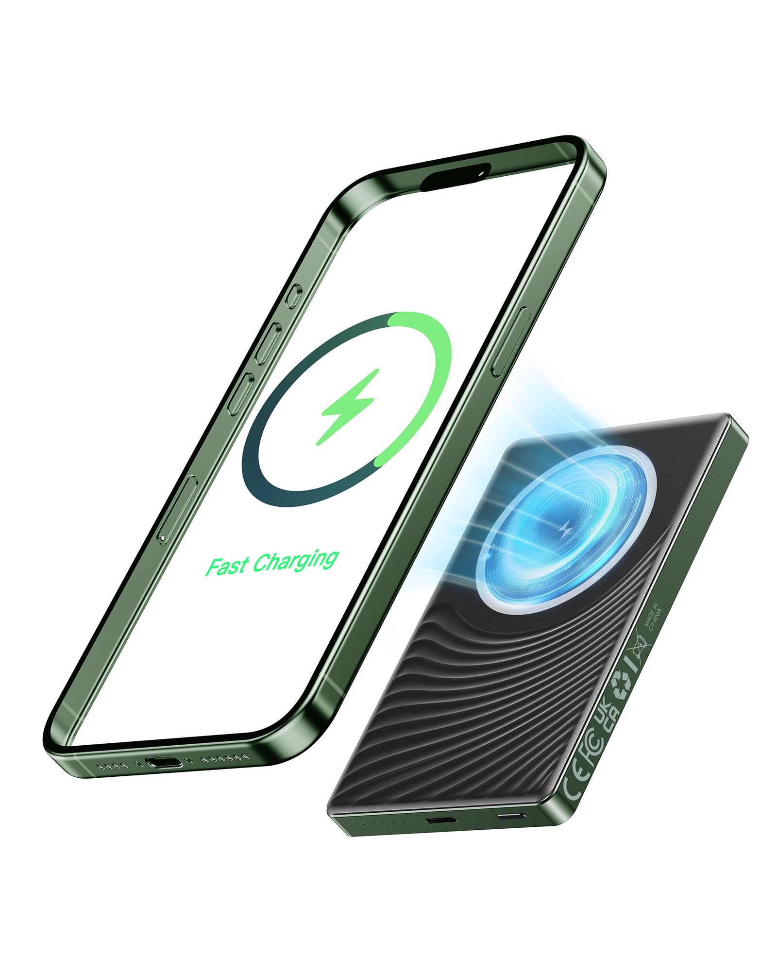 Magsafe Power Bank 10000mAh, Mini PowerBank Wireless 20W Ricarica Rapida con Ingresso e Uscita USB C, Caricatore Portatile Magnetico per iPhone 16/15/14/13/12 Pro Max/Mini/Plus (Verde)