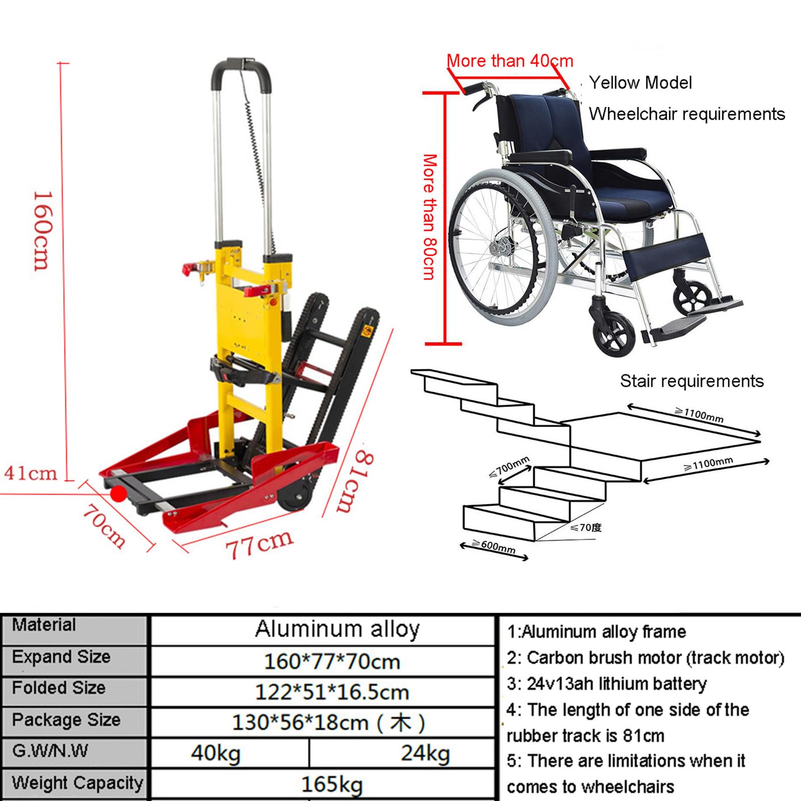 Carrello Montascale Elettrico Cingolato, Carrello Montascale Pieghevole, Veicolo di Attracco per Sedia A Rotelle, per Il Trasferimento di Pazienti/Carico, Carico Massimo 440 Libbre/200 kg