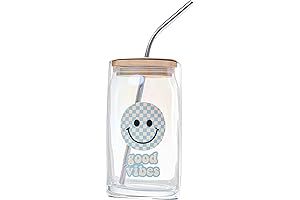 Good Vibes Blue Smiley Can Glass with Lid and Metal Straw