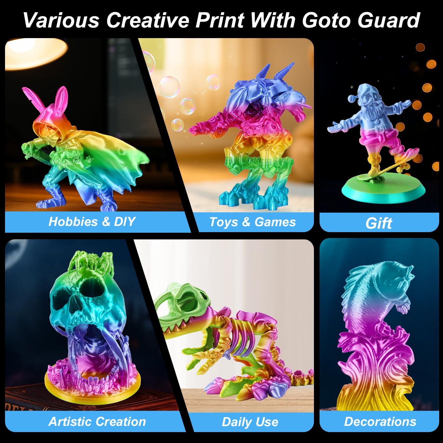 Goto Guard Silk PLA Rainbow Filament，pla Filament 1.75mm Multicolor Changing with Green Blue Purple Pink Yellow,3D Printing Filament 1kg/2.2lbs for Most FDM 3D Printer
