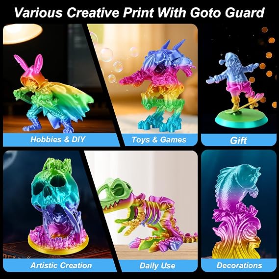 Goto Guard Silk PLA Rainbow Filament,pla Filament 1.75mm Multicolor Changing with Green Blue Purple Pink Yellow,3D Printing Filament 1kg/2.2lbs for Most FDM 3D Printer