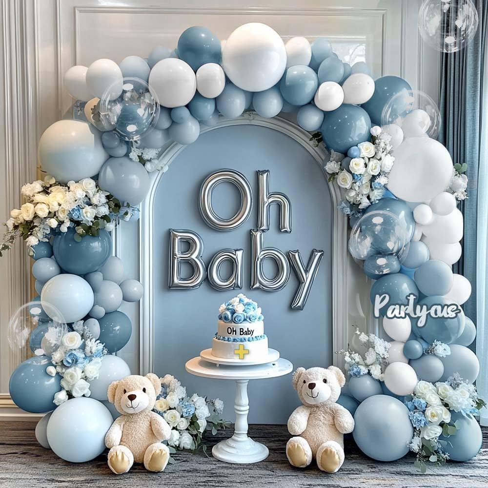 Dusty Blue White Balloon Arch Kit Double Stuffed Pastel Slate Blue White Matte Latex Balloon Garland for Baby Shower Birthday Bridal Wedding Mothers Day Party