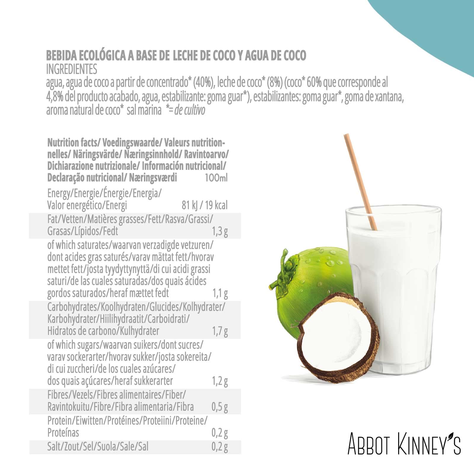 Abbot Kinney's Bebida Ecológica Vegetal de Coco Supreme Pack 6 x 1 L Sin Azúcar Añadido Vegano Sin Lactosa